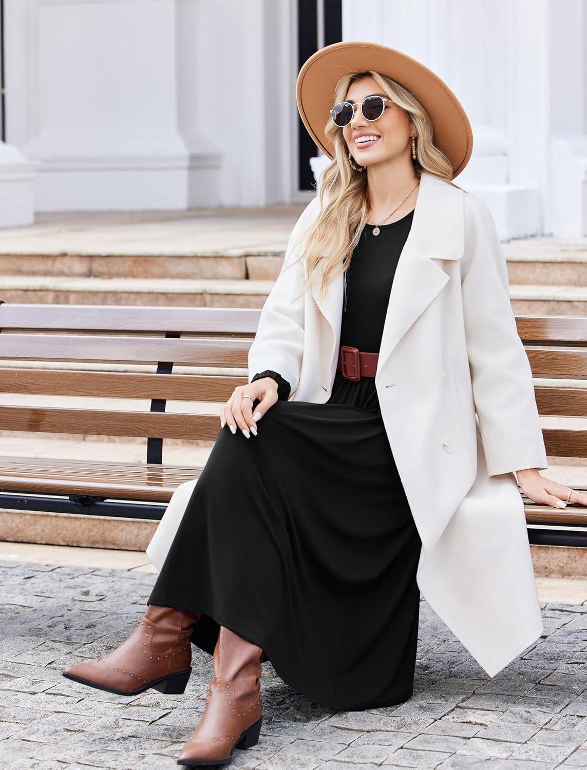 imageZeagoo Long Sleeve Dresses for Women 2026 Fall Winter Casual Flowy ALine Boho Midi Party Long Dress with PocketsBlack