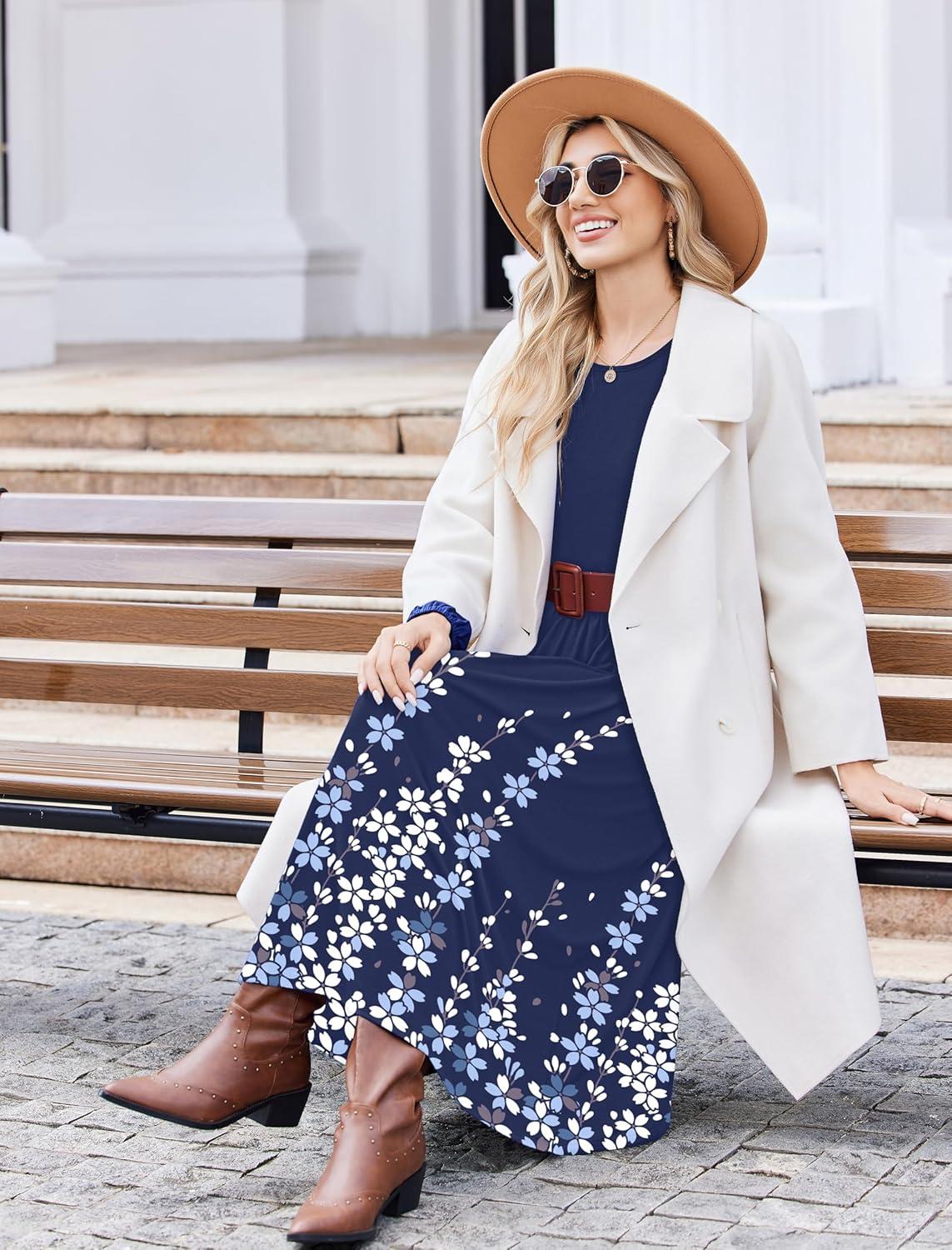 imageZeagoo Long Sleeve Dresses for Women 2026 Fall Winter Casual Flowy ALine Boho Midi Party Long Dress with PocketsBlue Floral