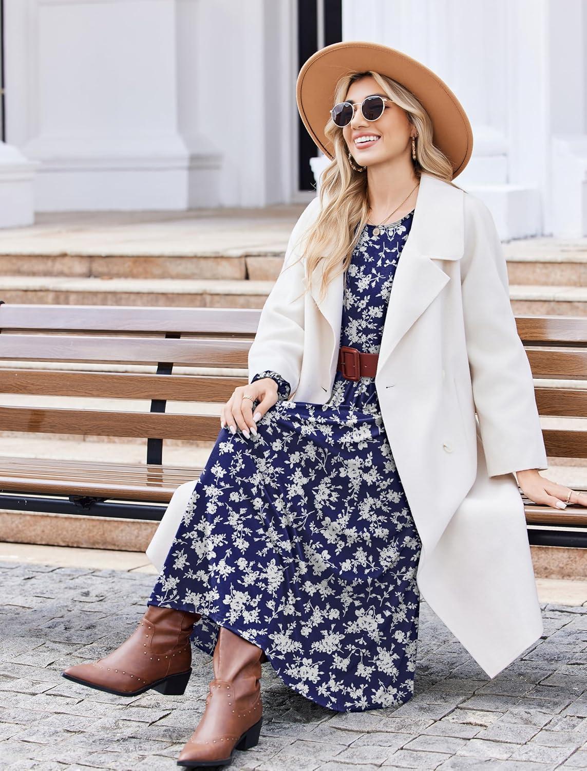 imageZeagoo Long Sleeve Dresses for Women 2026 Fall Winter Casual Flowy ALine Boho Midi Party Long Dress with PocketsBlue Sprigs