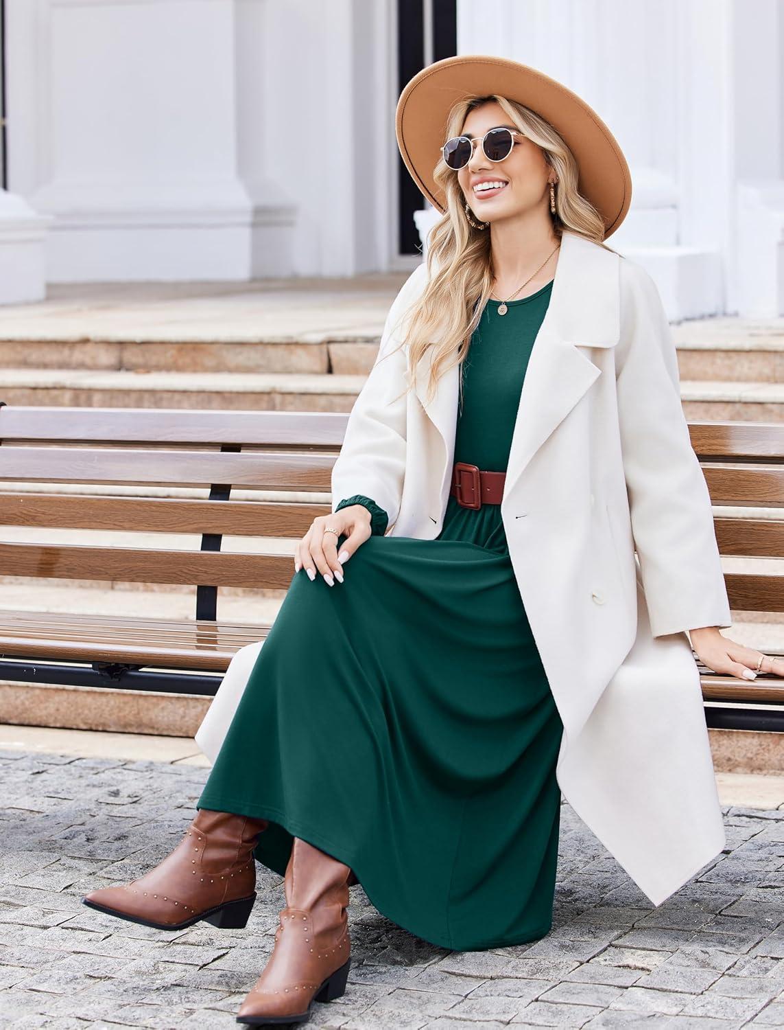 imageZeagoo Long Sleeve Dresses for Women 2026 Fall Winter Casual Flowy ALine Boho Midi Party Long Dress with PocketsDark Green