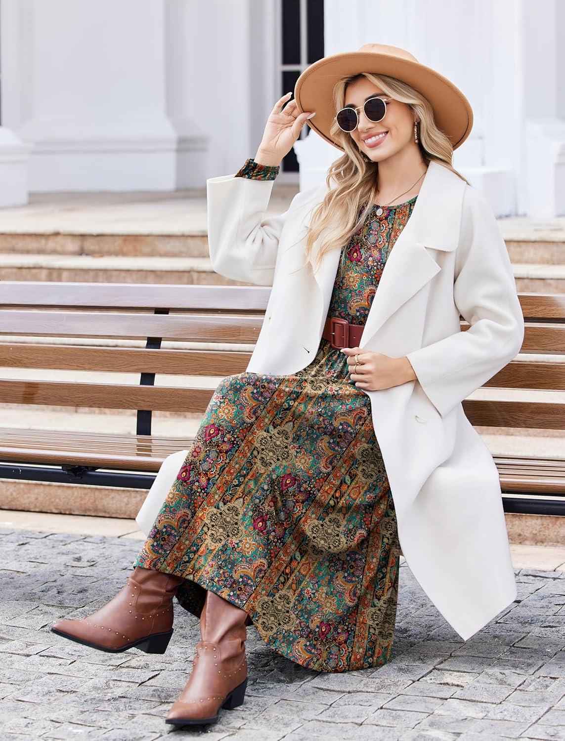 imageZeagoo Long Sleeve Dresses for Women 2026 Fall Winter Casual Flowy ALine Boho Midi Party Long Dress with PocketsEthnic Style