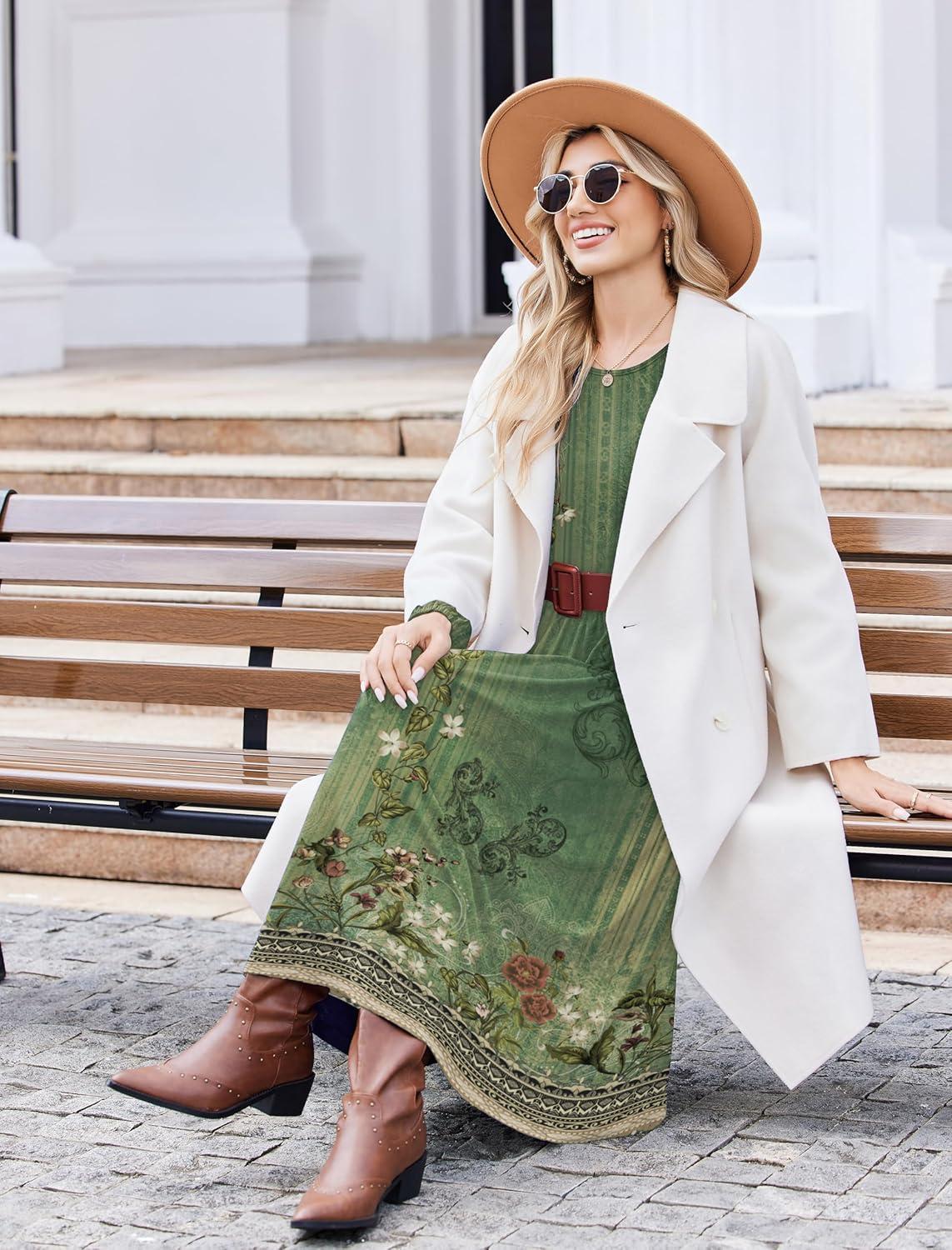 imageZeagoo Long Sleeve Dresses for Women 2026 Fall Winter Casual Flowy ALine Boho Midi Party Long Dress with PocketsGreen Print