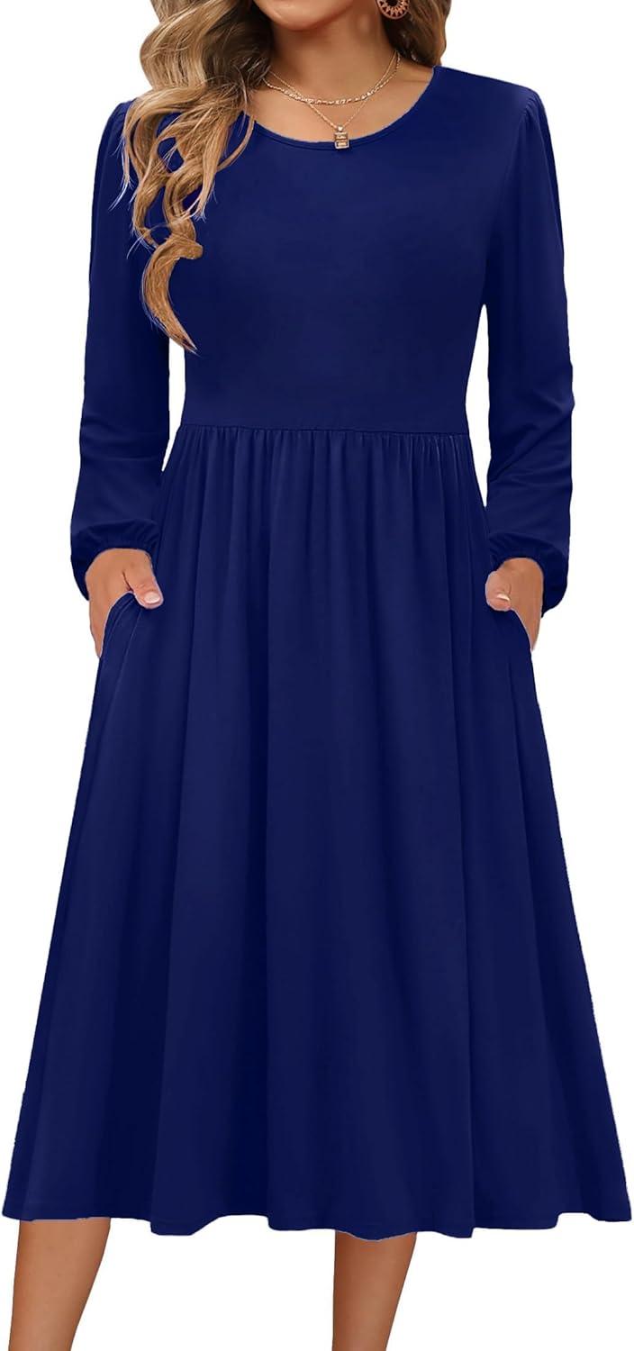 imageZeagoo Long Sleeve Dresses for Women 2026 Fall Winter Casual Flowy ALine Boho Midi Party Long Dress with PocketsNavy 2