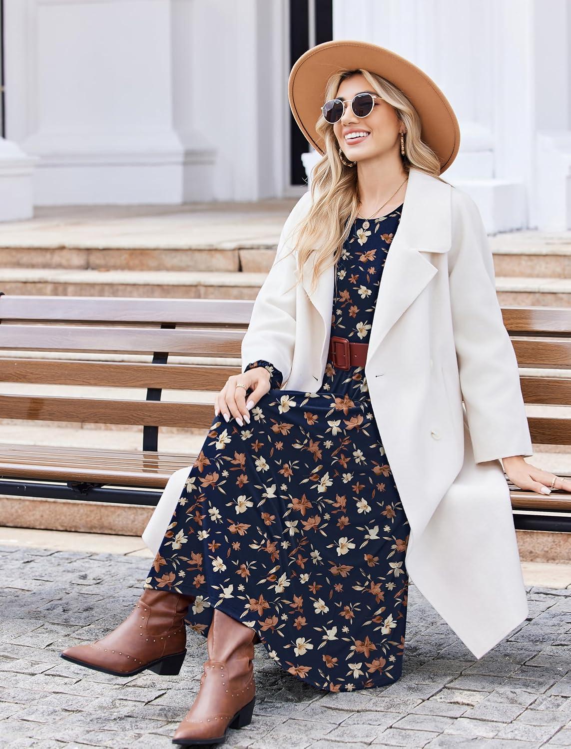 imageZeagoo Long Sleeve Dresses for Women 2026 Fall Winter Casual Flowy ALine Boho Midi Party Long Dress with PocketsNavy Floral