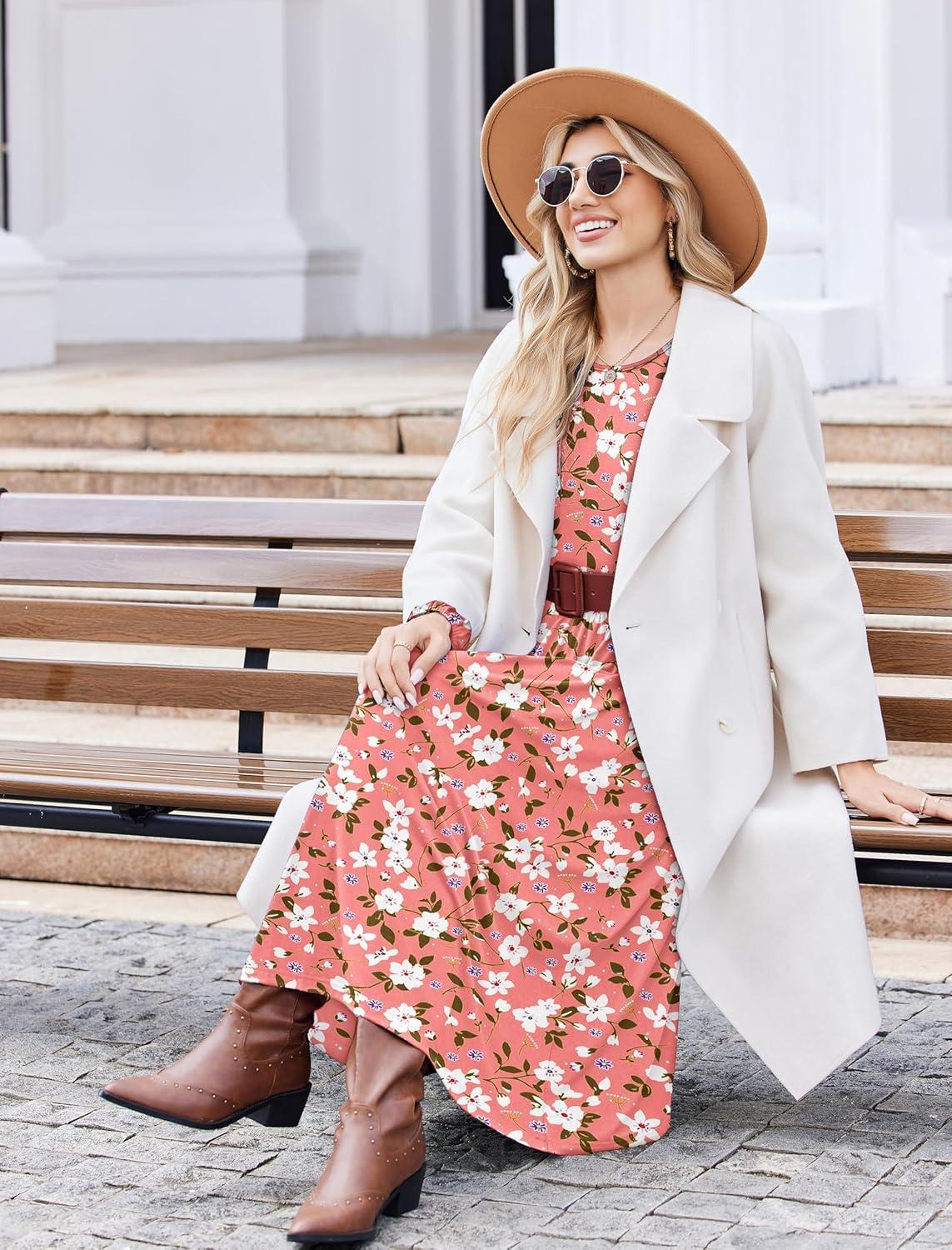 imageZeagoo Long Sleeve Dresses for Women 2026 Fall Winter Casual Flowy ALine Boho Midi Party Long Dress with PocketsPink Floral