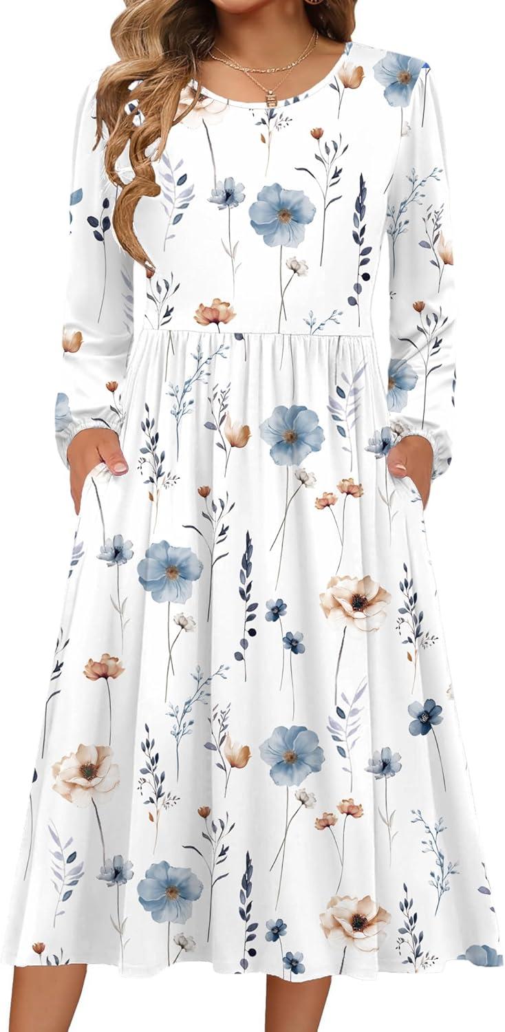 imageZeagoo Long Sleeve Dresses for Women 2026 Fall Winter Casual Flowy ALine Boho Midi Party Long Dress with PocketsWhite Floral