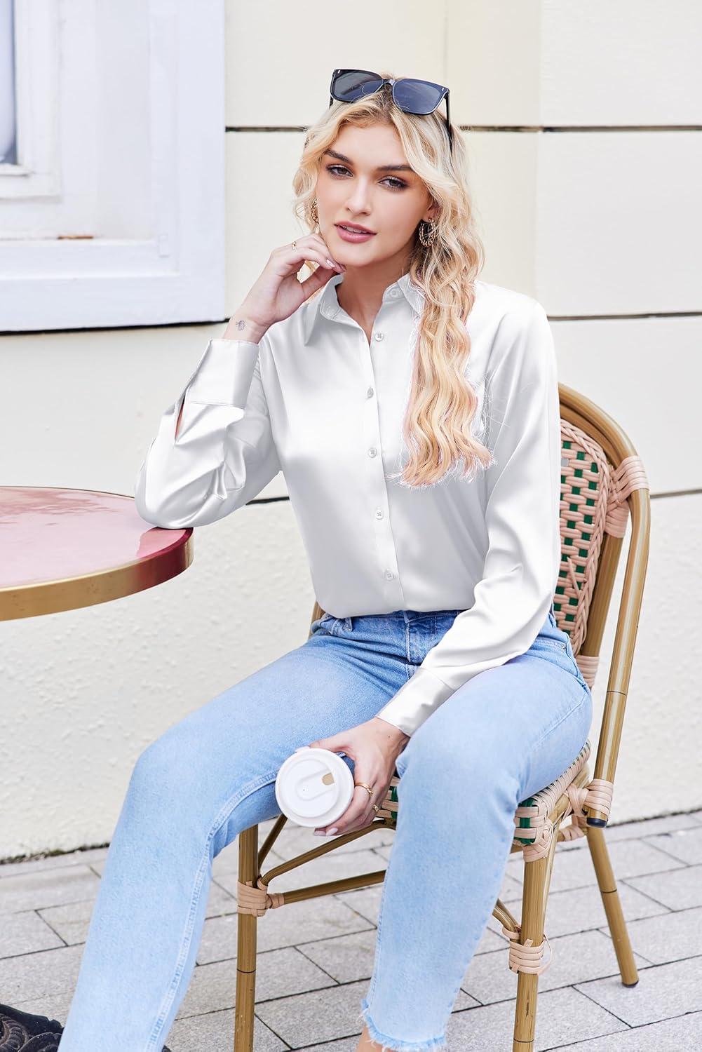 imageZeagoo Satin Blouses for Women Silk Button Down Shirts Long Sleeve Business Casual TopsAawhite