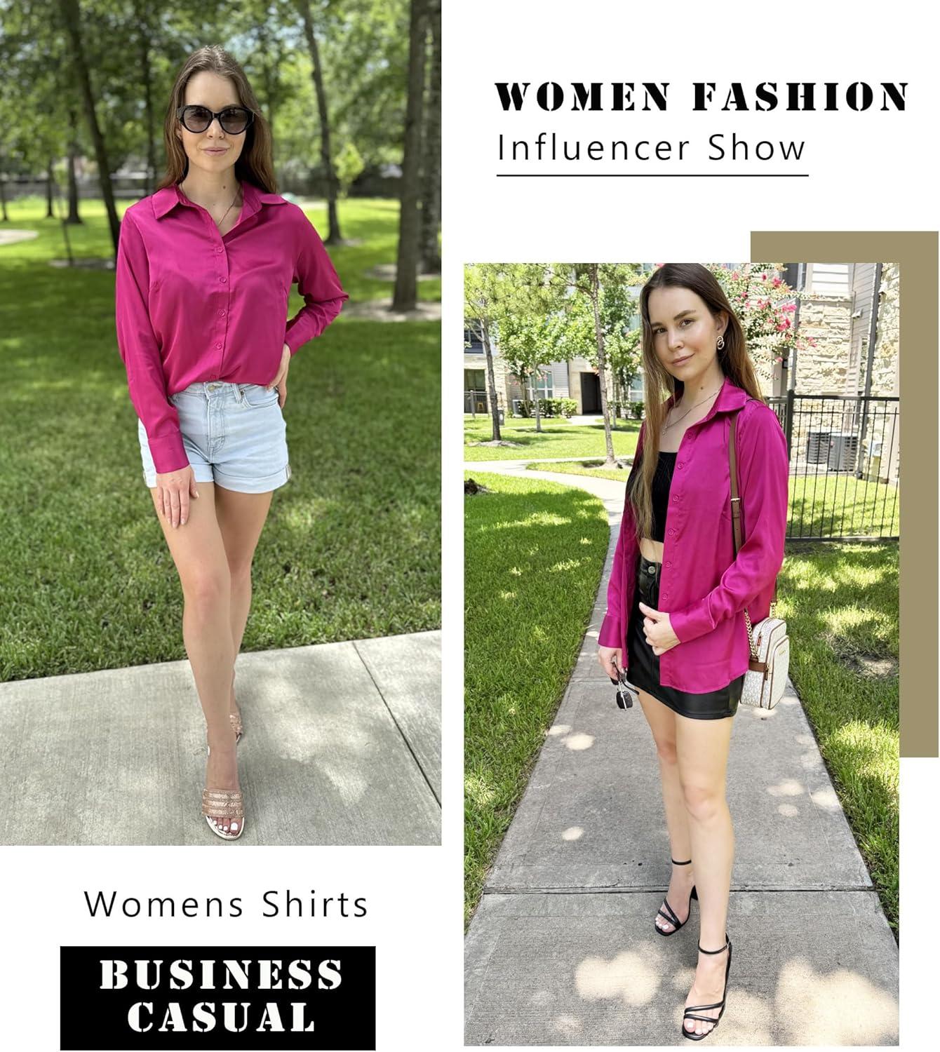 imageZeagoo Satin Blouses for Women Silk Button Down Shirts Long Sleeve Business Casual TopsHot Pink