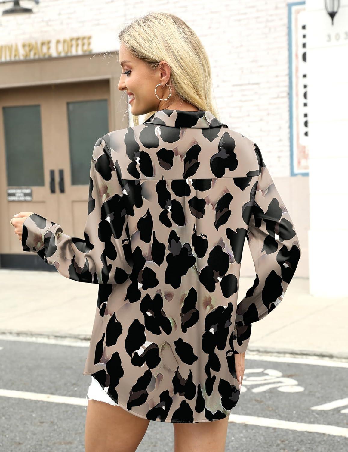 imageZeagoo Satin Blouses for Women Silk Button Down Shirts Long Sleeve Business Casual TopsLeopard