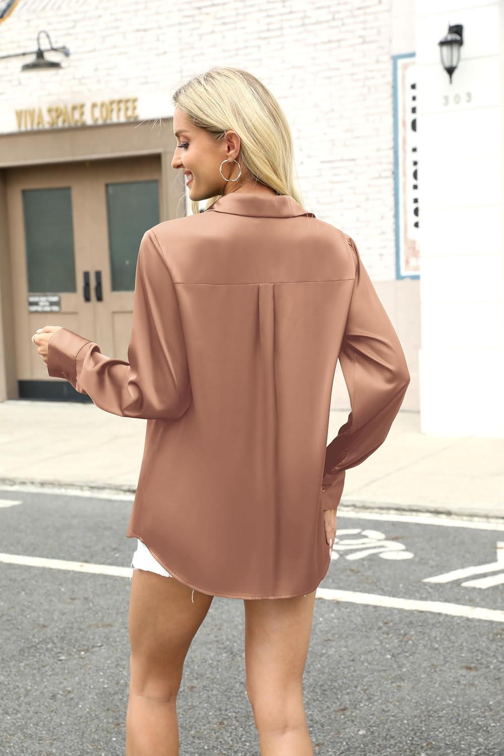 imageZeagoo Satin Blouses for Women Silk Button Down Shirts Long Sleeve Business Casual TopsToffee