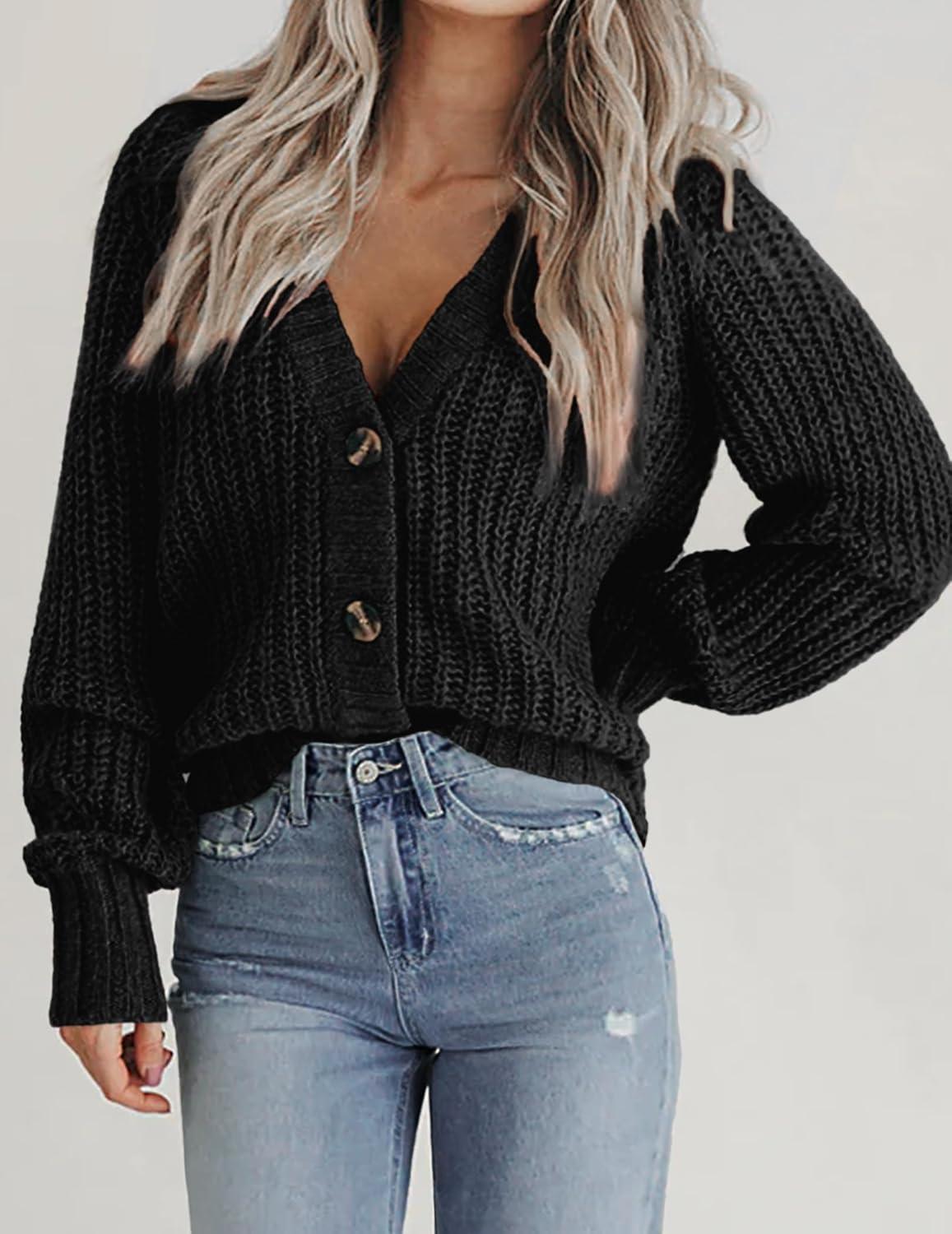imageZeagoo Womens 2026 Fall Chunky Knit Cardigans Open Front Long Sleeve V Neck Button Loose Cardigan SweatersBlack