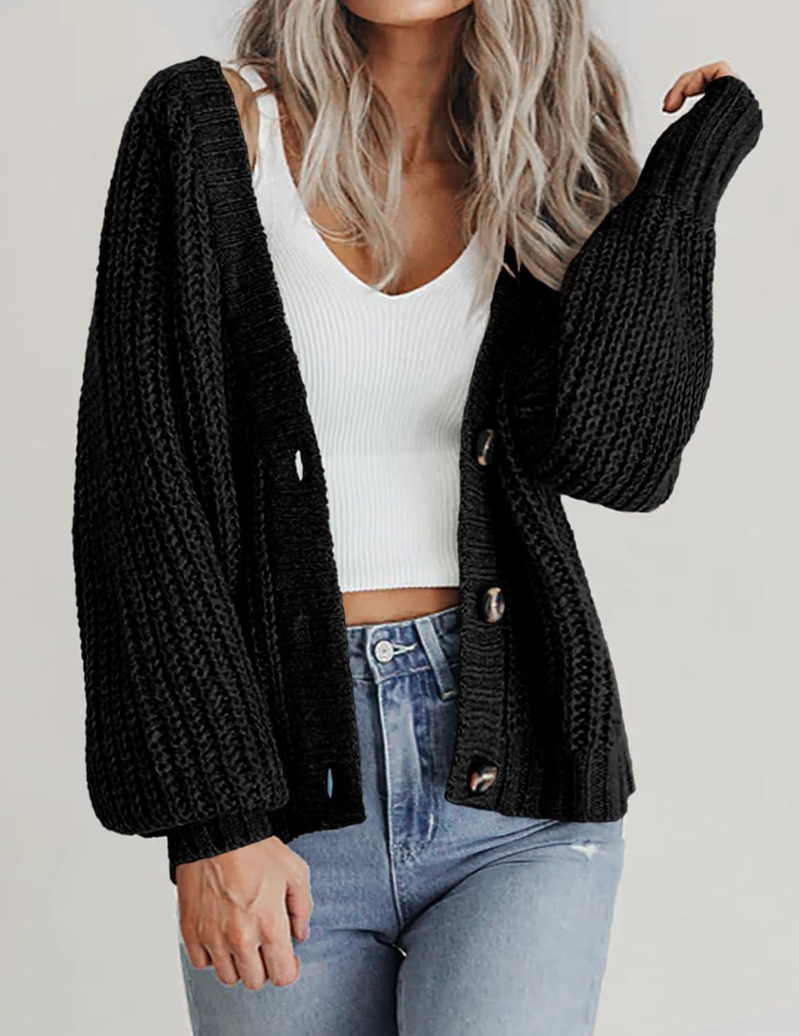 imageZeagoo Womens 2026 Fall Chunky Knit Cardigans Open Front Long Sleeve V Neck Button Loose Cardigan SweatersBlack