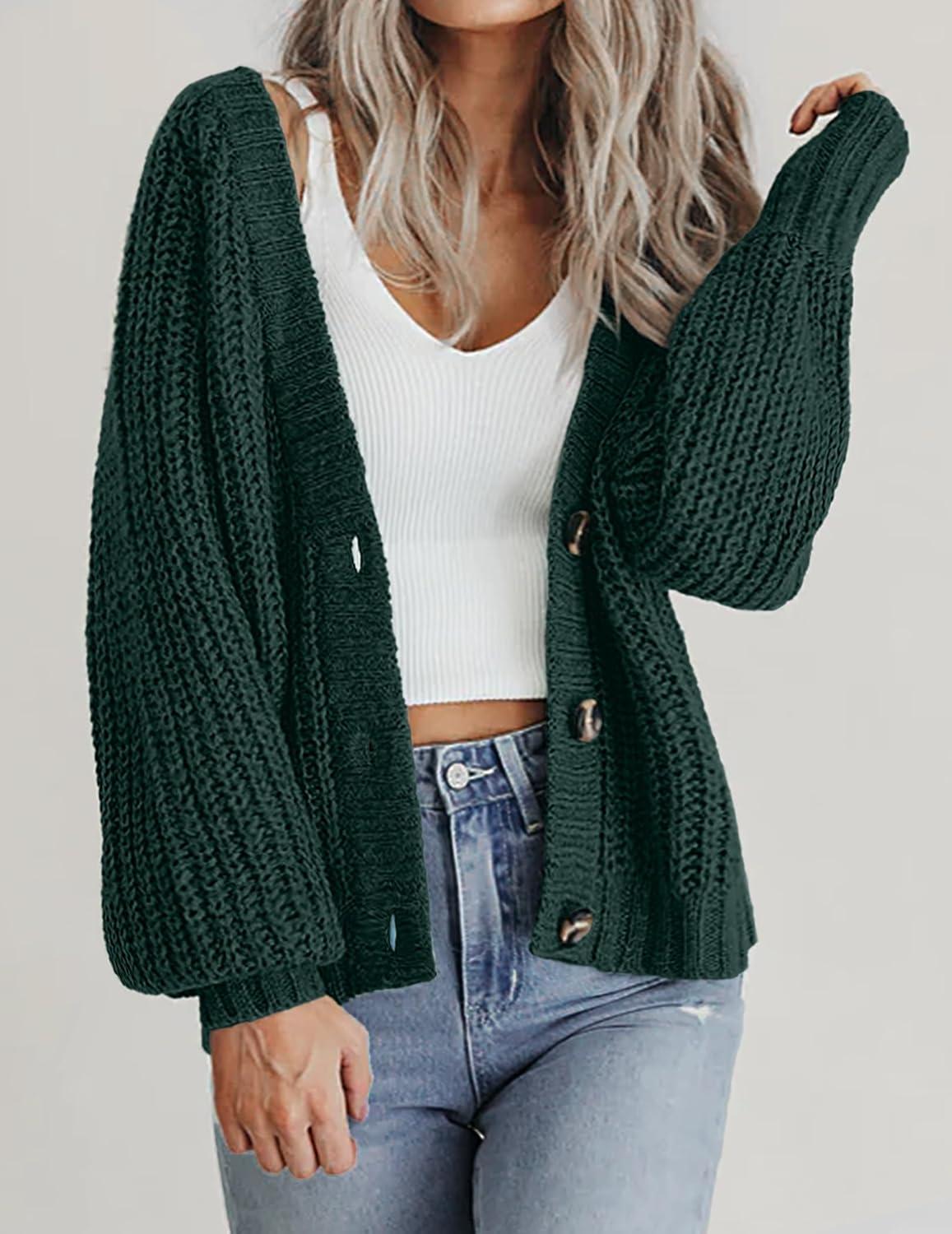 imageZeagoo Womens 2026 Fall Chunky Knit Cardigans Open Front Long Sleeve V Neck Button Loose Cardigan SweatersDark Green