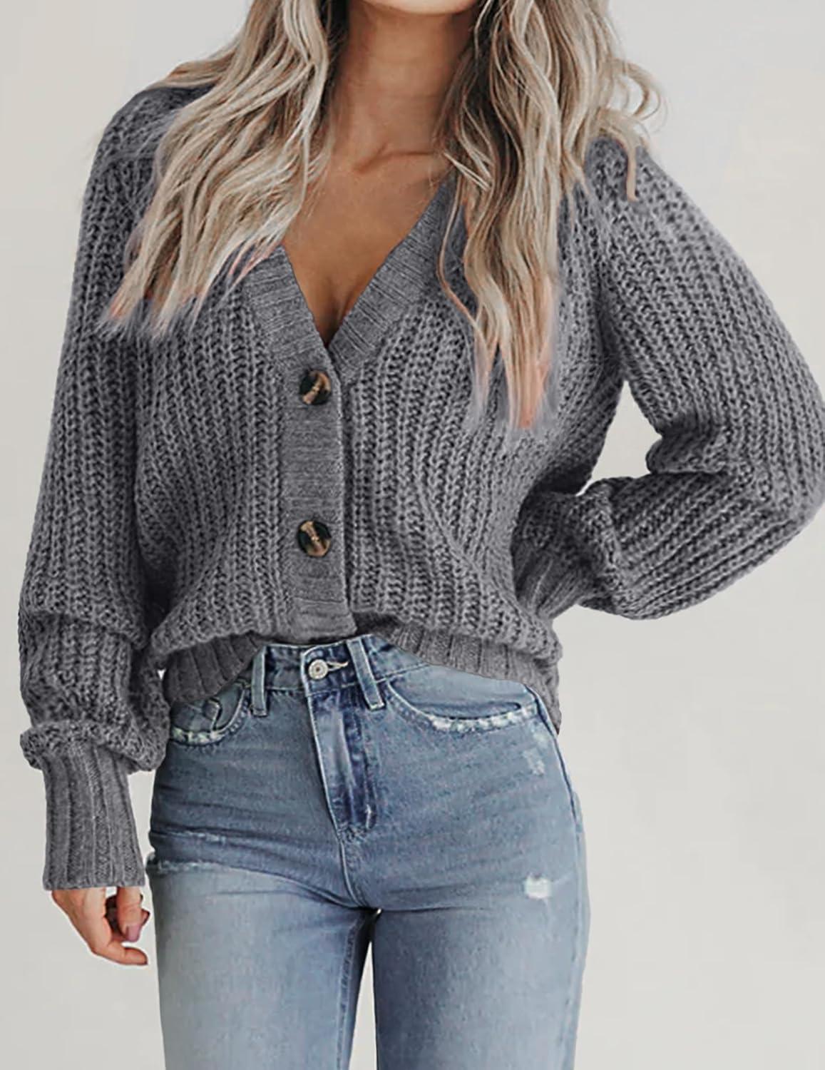 imageZeagoo Womens 2026 Fall Chunky Knit Cardigans Open Front Long Sleeve V Neck Button Loose Cardigan SweatersGrey
