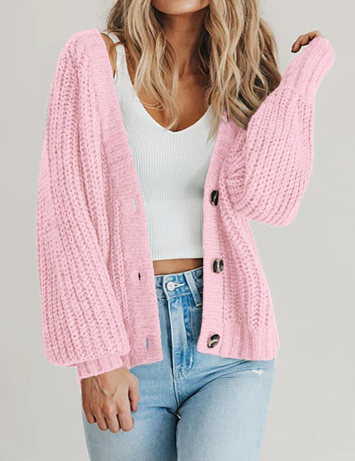 imageZeagoo Womens 2026 Fall Chunky Knit Cardigans Open Front Long Sleeve V Neck Button Loose Cardigan SweatersPink