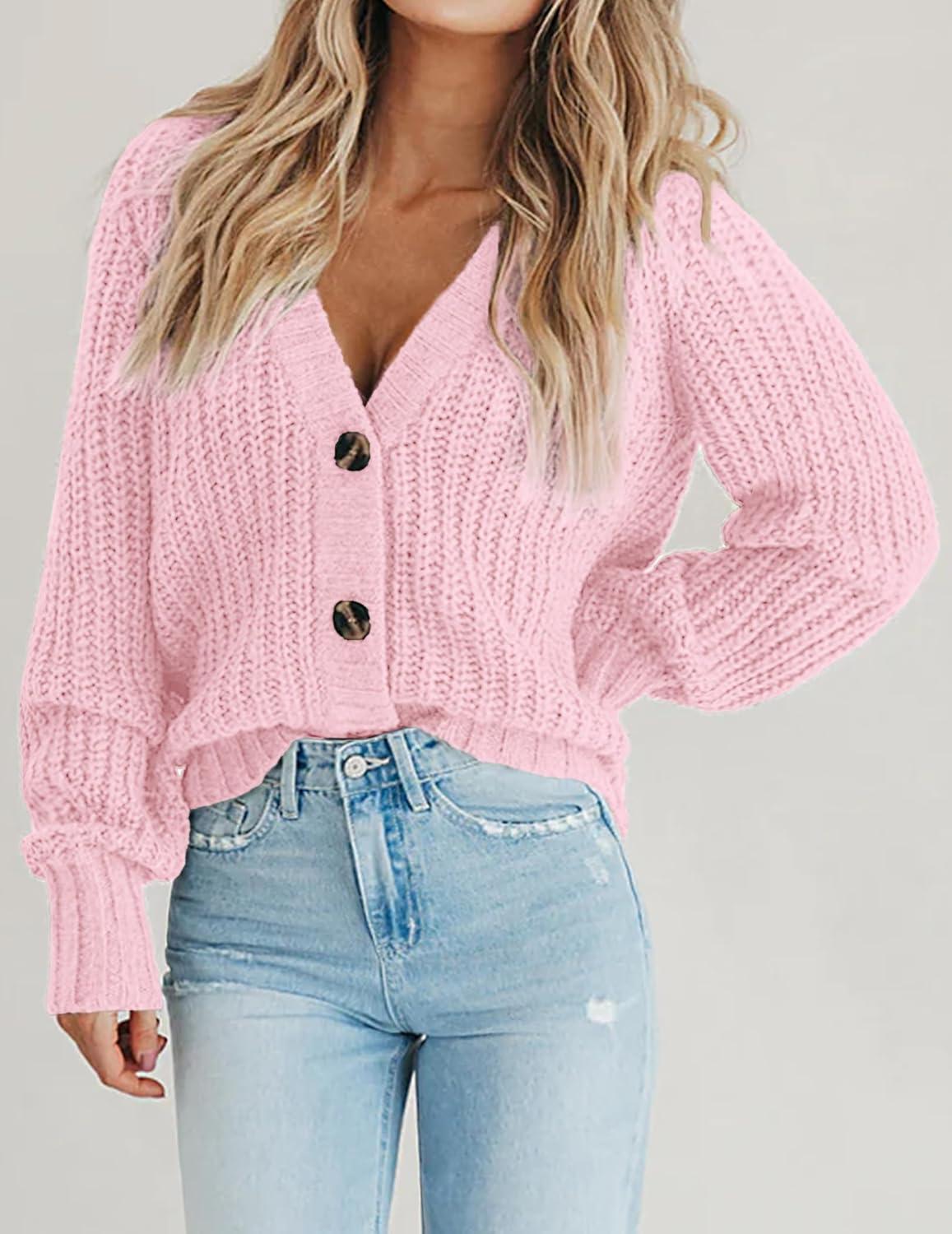 imageZeagoo Womens 2026 Fall Chunky Knit Cardigans Open Front Long Sleeve V Neck Button Loose Cardigan SweatersPink