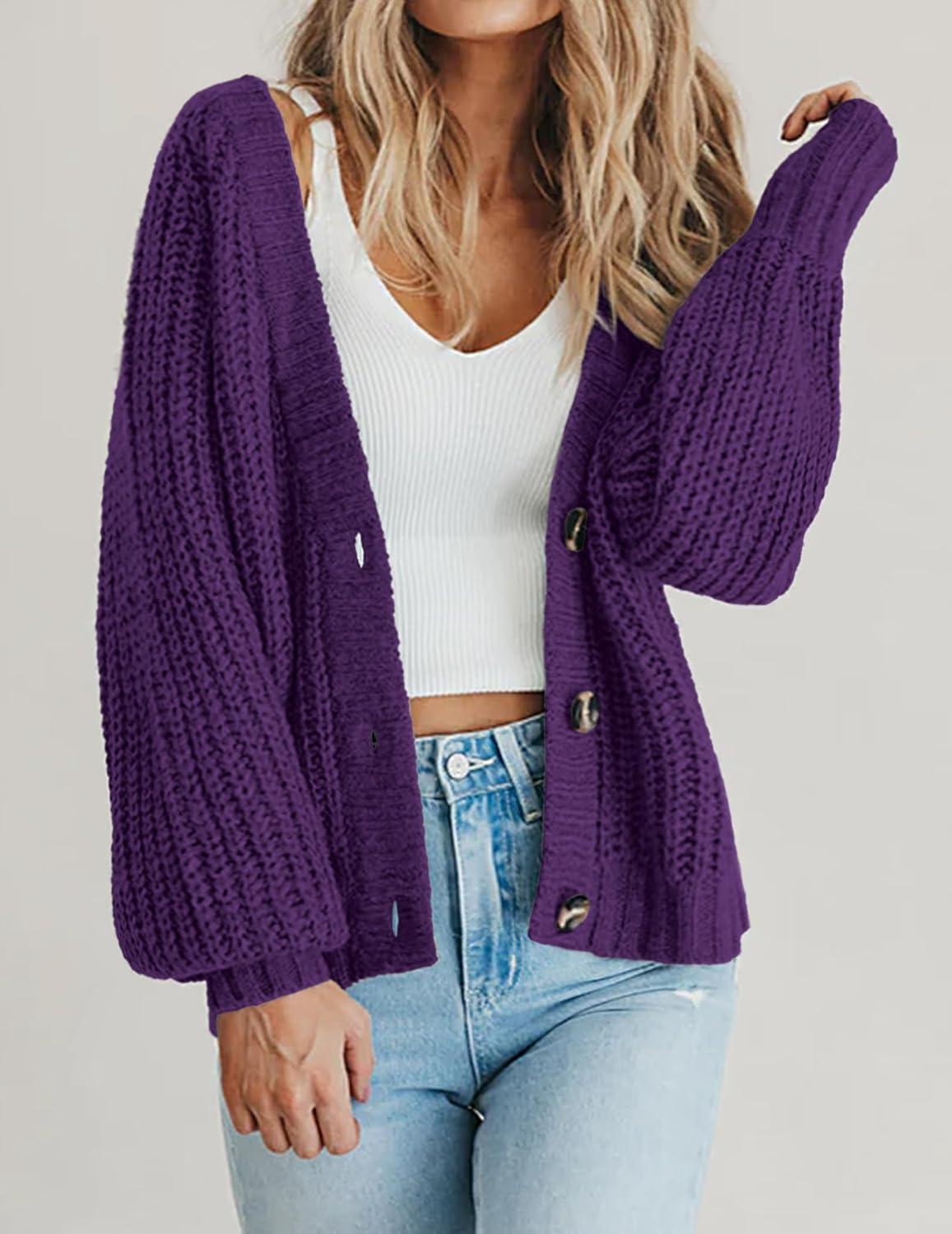 imageZeagoo Womens 2026 Fall Chunky Knit Cardigans Open Front Long Sleeve V Neck Button Loose Cardigan SweatersPurple