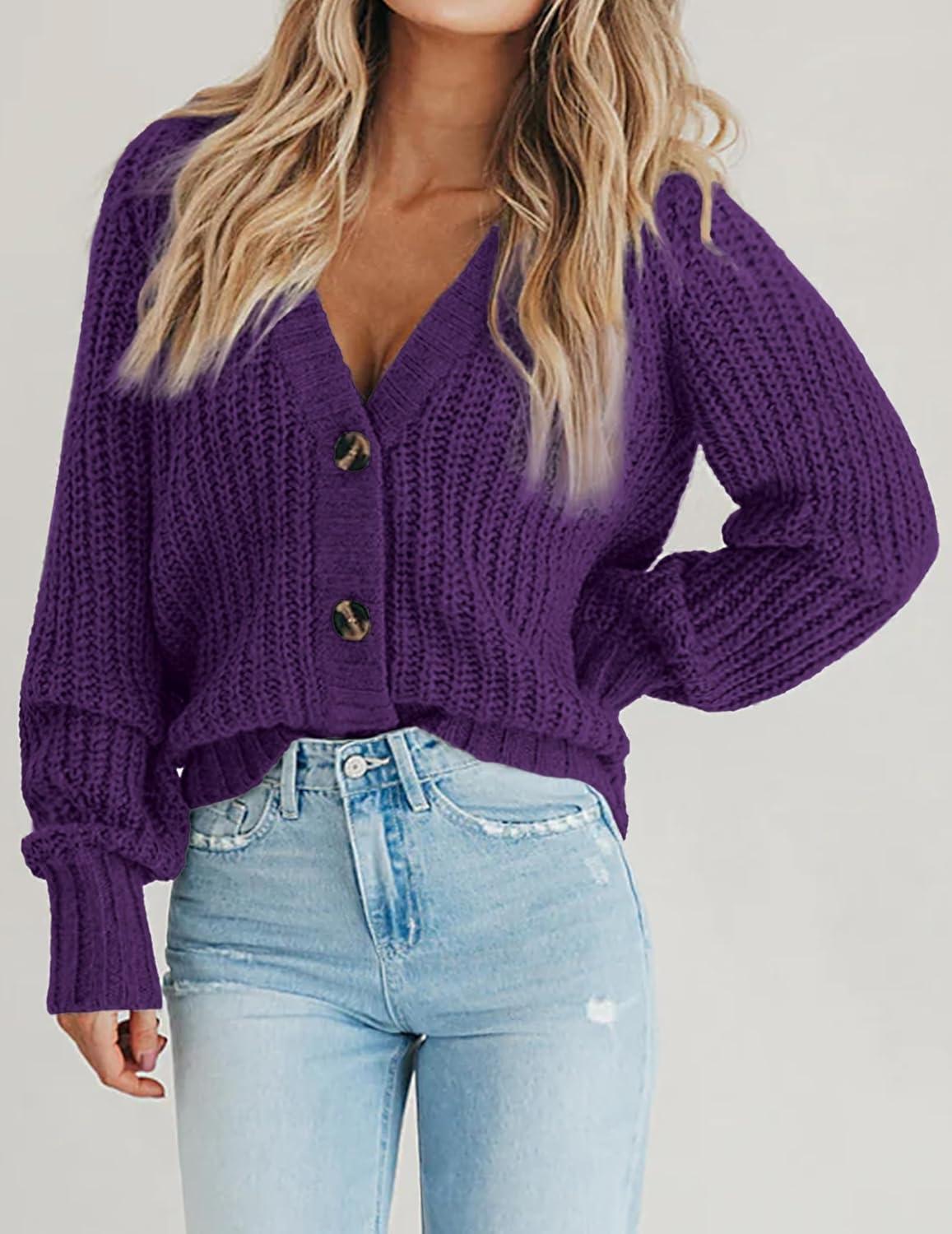 imageZeagoo Womens 2026 Fall Chunky Knit Cardigans Open Front Long Sleeve V Neck Button Loose Cardigan SweatersPurple