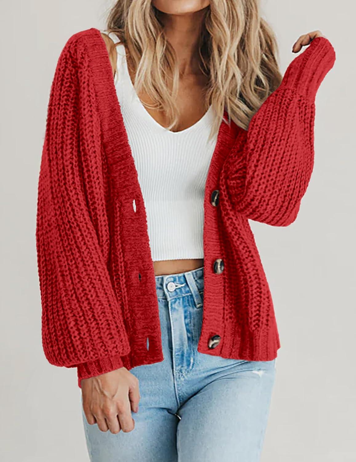 imageZeagoo Womens 2026 Fall Chunky Knit Cardigans Open Front Long Sleeve V Neck Button Loose Cardigan SweatersRed