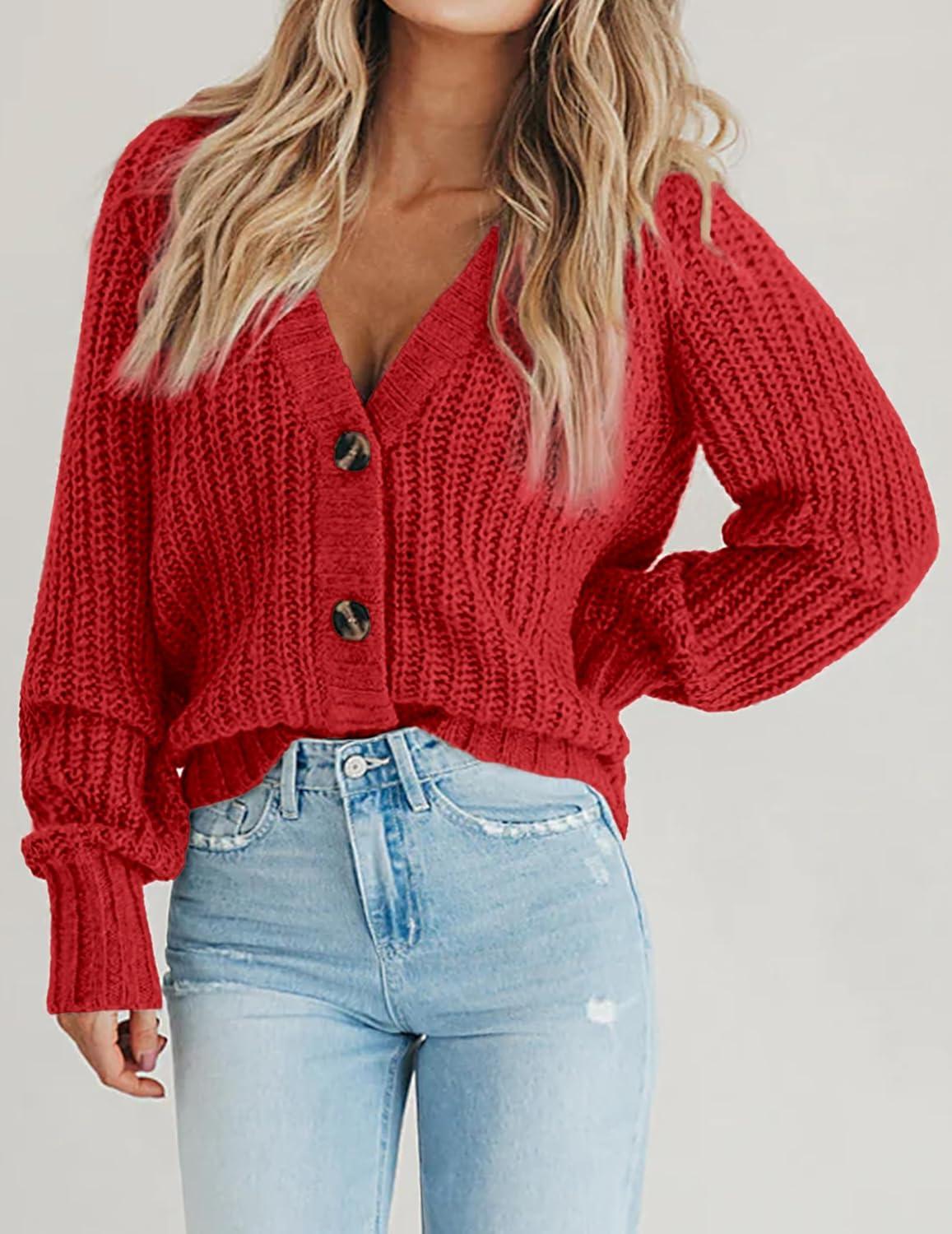 imageZeagoo Womens 2026 Fall Chunky Knit Cardigans Open Front Long Sleeve V Neck Button Loose Cardigan SweatersRed
