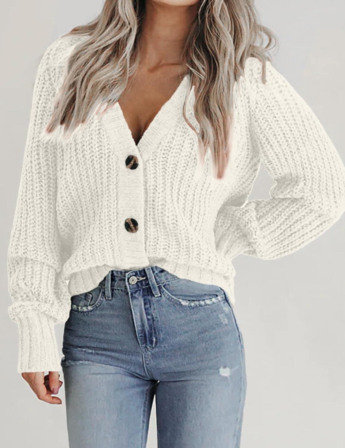imageZeagoo Womens 2026 Fall Chunky Knit Cardigans Open Front Long Sleeve V Neck Button Loose Cardigan SweatersWhite