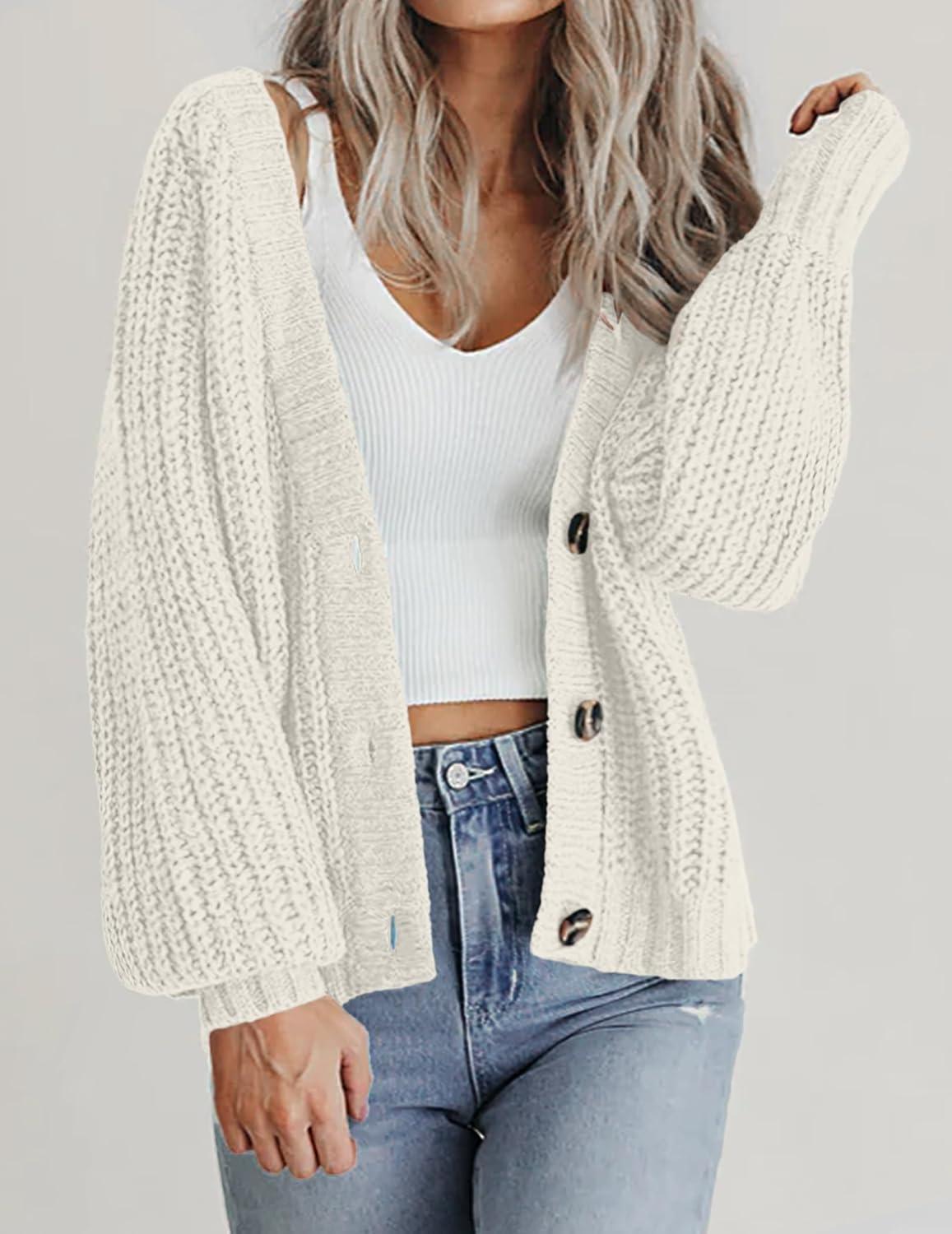 imageZeagoo Womens 2026 Fall Chunky Knit Cardigans Open Front Long Sleeve V Neck Button Loose Cardigan SweatersWhite