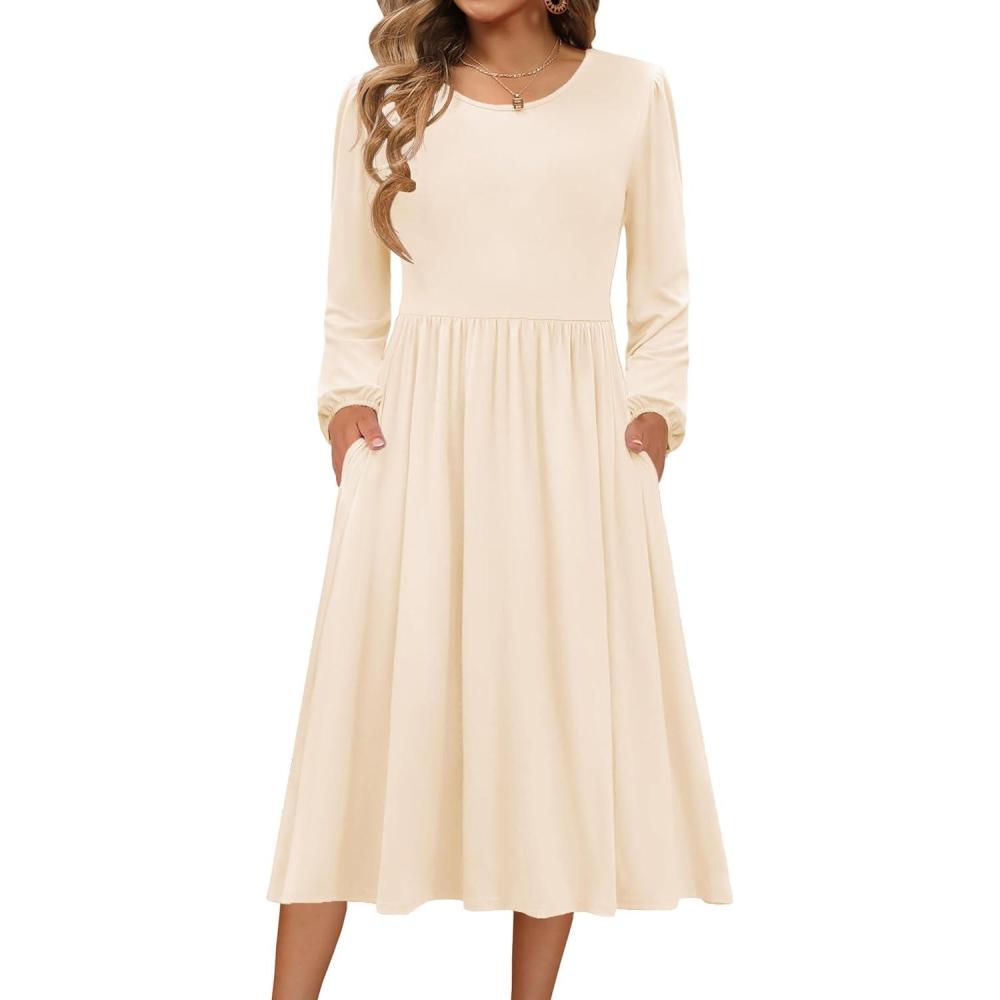 imageZeagoo Long Sleeve Dresses for Women 2026 Fall Winter Casual Flowy ALine Boho Midi Party Long Dress with PocketsBeige