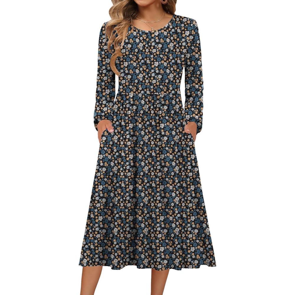 imageZeagoo Long Sleeve Dresses for Women 2026 Fall Winter Casual Flowy ALine Boho Midi Party Long Dress with PocketsBlue Black Small Floral