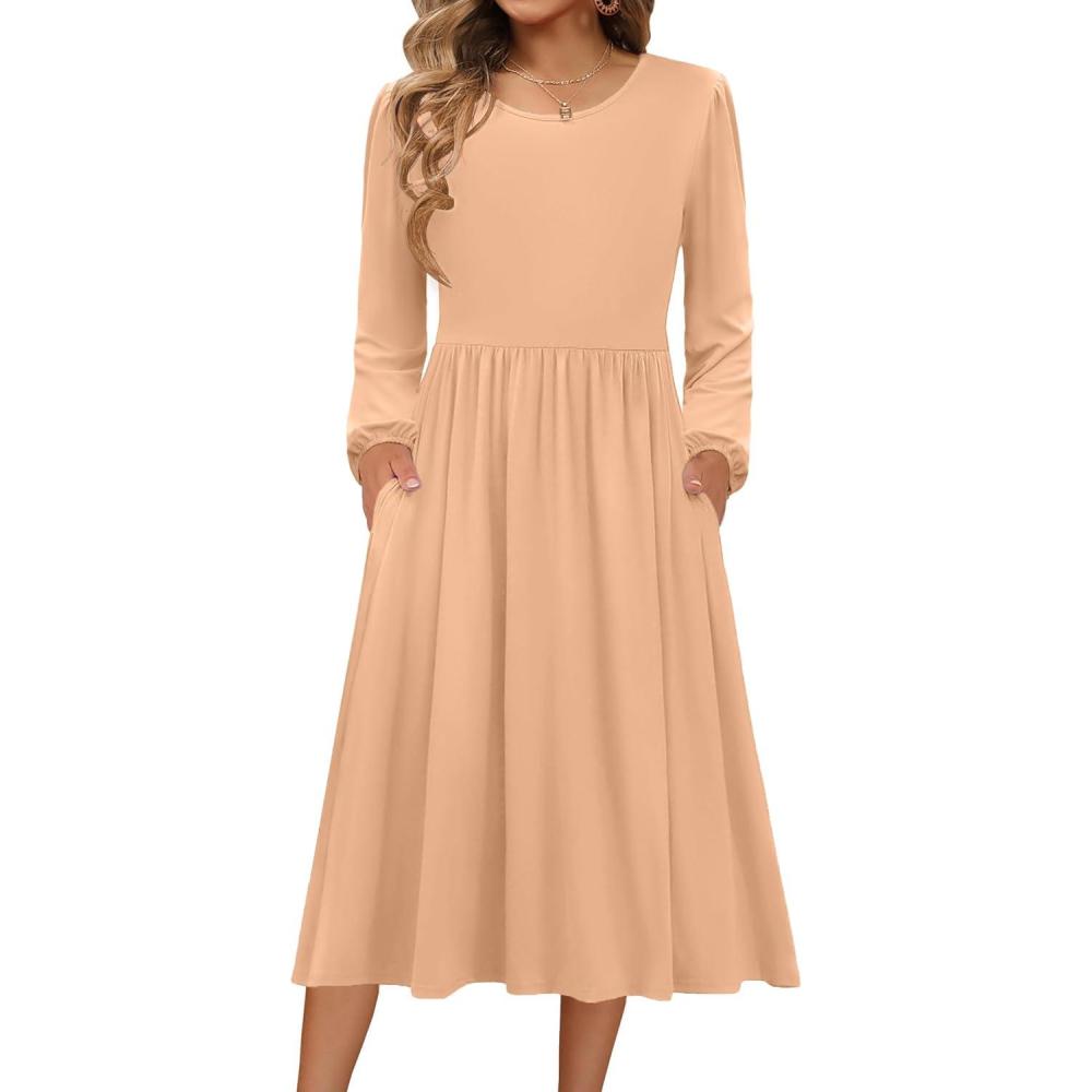 imageZeagoo Long Sleeve Dresses for Women 2026 Fall Winter Casual Flowy ALine Boho Midi Party Long Dress with PocketsCamel