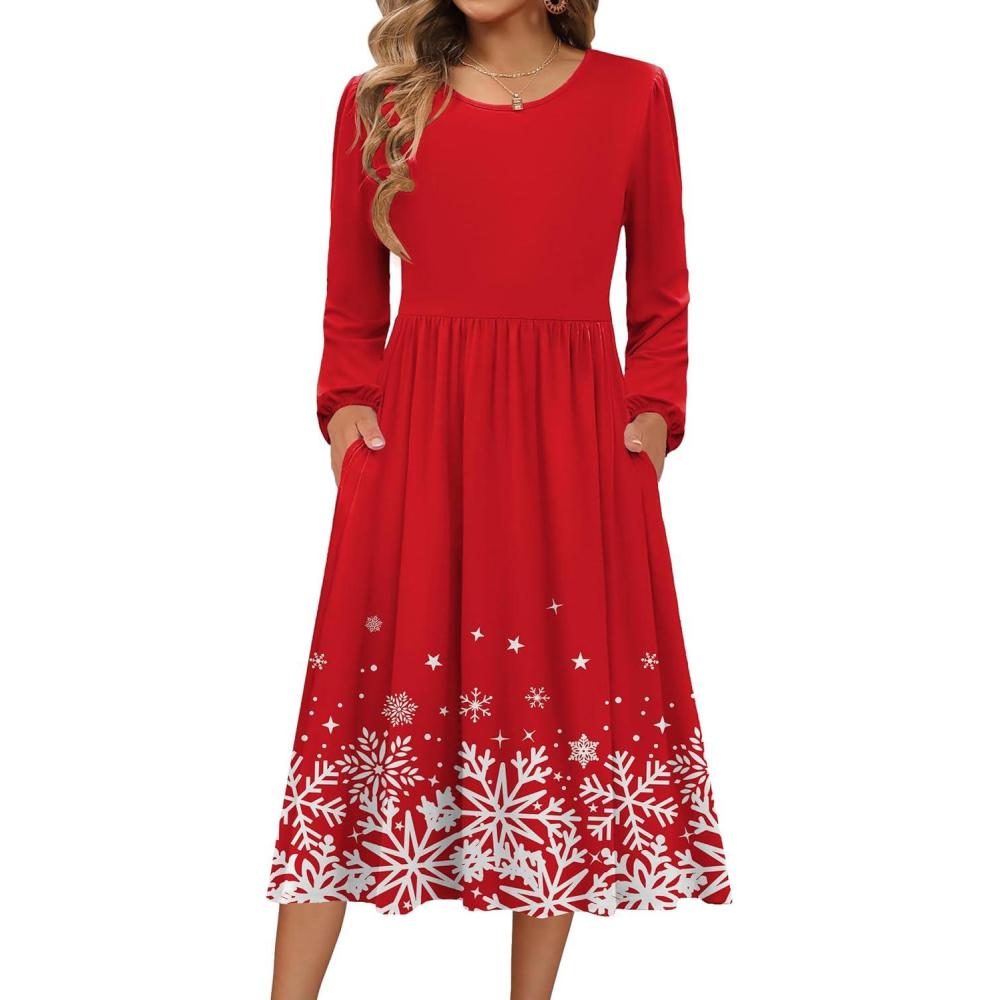 imageZeagoo Long Sleeve Dresses for Women 2026 Fall Winter Casual Flowy ALine Boho Midi Party Long Dress with PocketsChristmas Snow