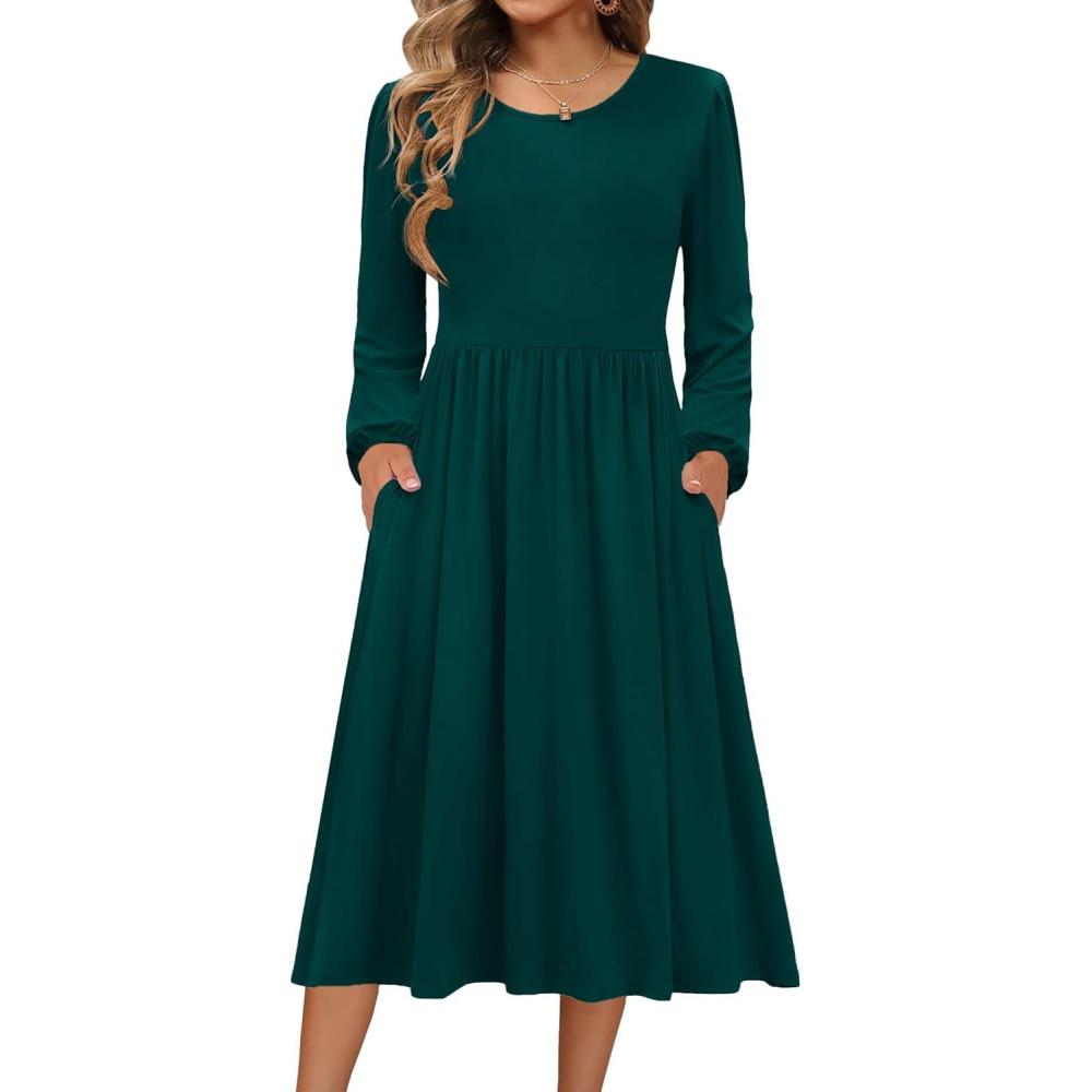 imageZeagoo Long Sleeve Dresses for Women 2026 Fall Winter Casual Flowy ALine Boho Midi Party Long Dress with PocketsDark Green