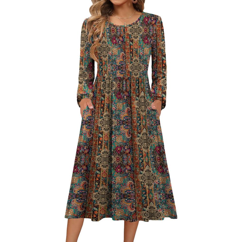 imageZeagoo Long Sleeve Dresses for Women 2026 Fall Winter Casual Flowy ALine Boho Midi Party Long Dress with PocketsEthnic Style