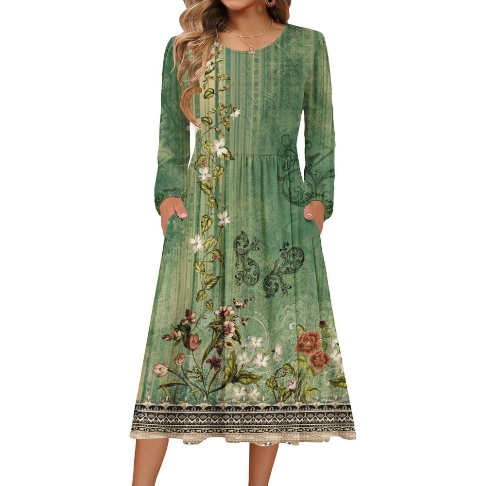 imageZeagoo Long Sleeve Dresses for Women 2026 Fall Winter Casual Flowy ALine Boho Midi Party Long Dress with PocketsGreen Print