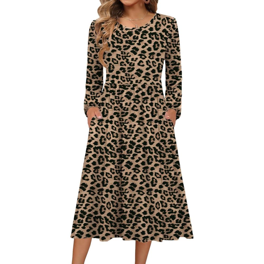 imageZeagoo Long Sleeve Dresses for Women 2026 Fall Winter Casual Flowy ALine Boho Midi Party Long Dress with PocketsLeopard Print