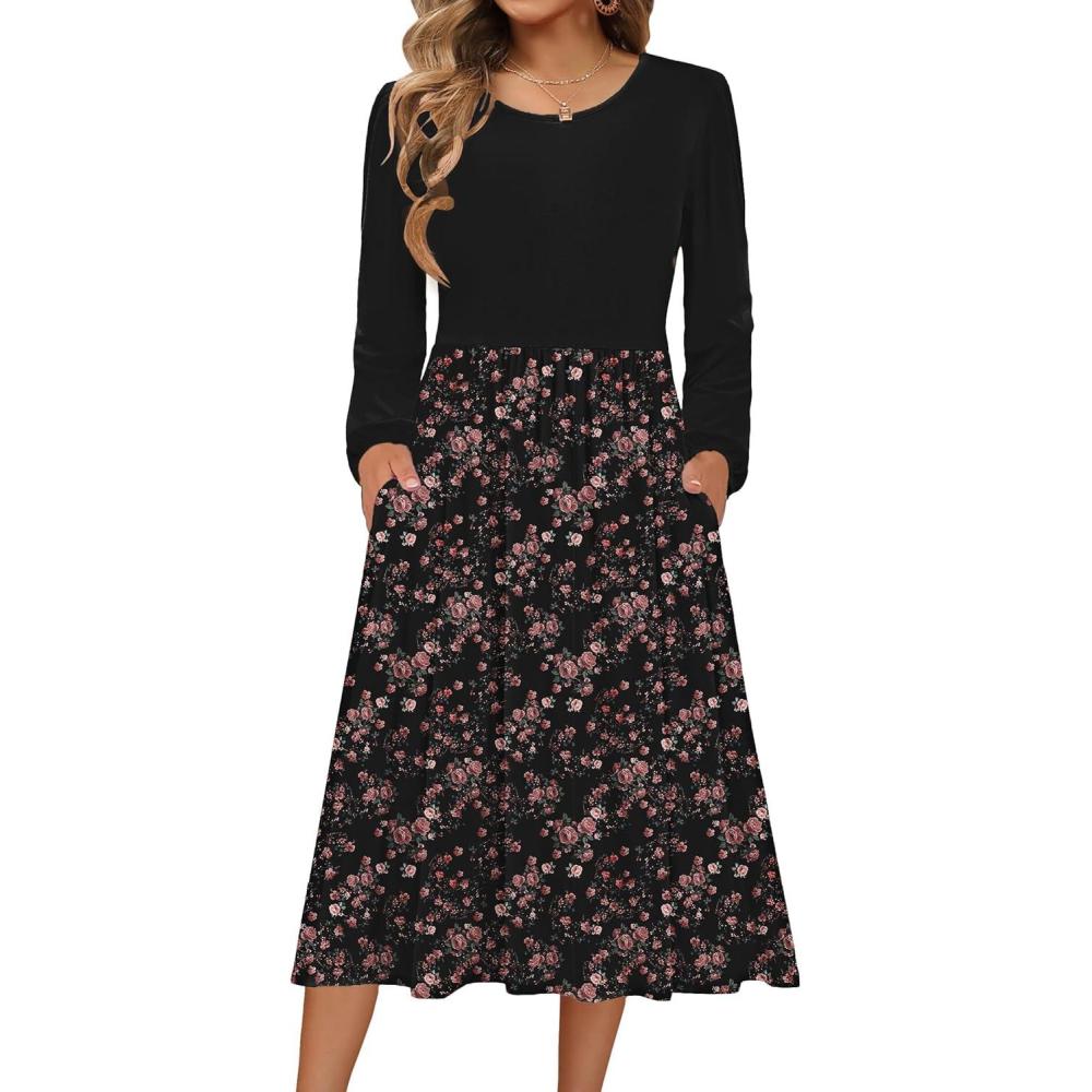 imageZeagoo Long Sleeve Dresses for Women 2026 Fall Winter Casual Flowy ALine Boho Midi Party Long Dress with PocketsPat4