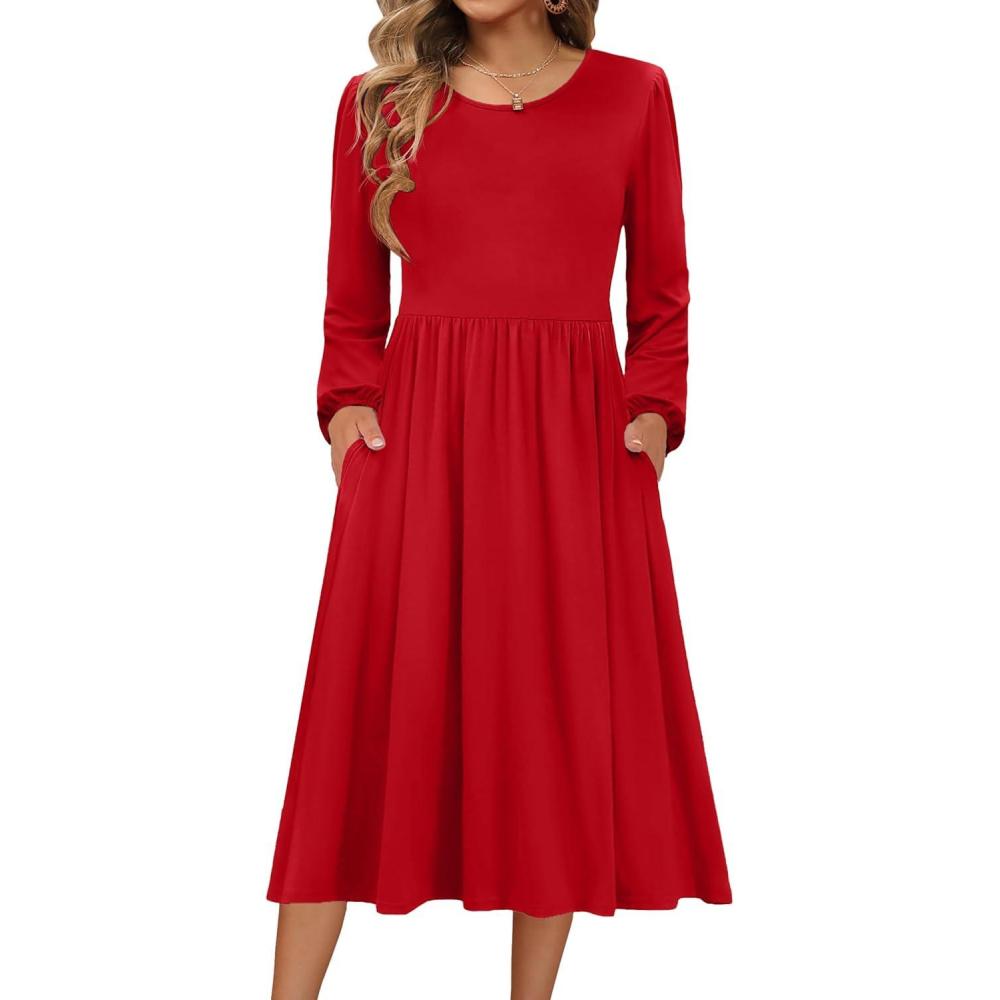 imageZeagoo Long Sleeve Dresses for Women 2026 Fall Winter Casual Flowy ALine Boho Midi Party Long Dress with PocketsRed