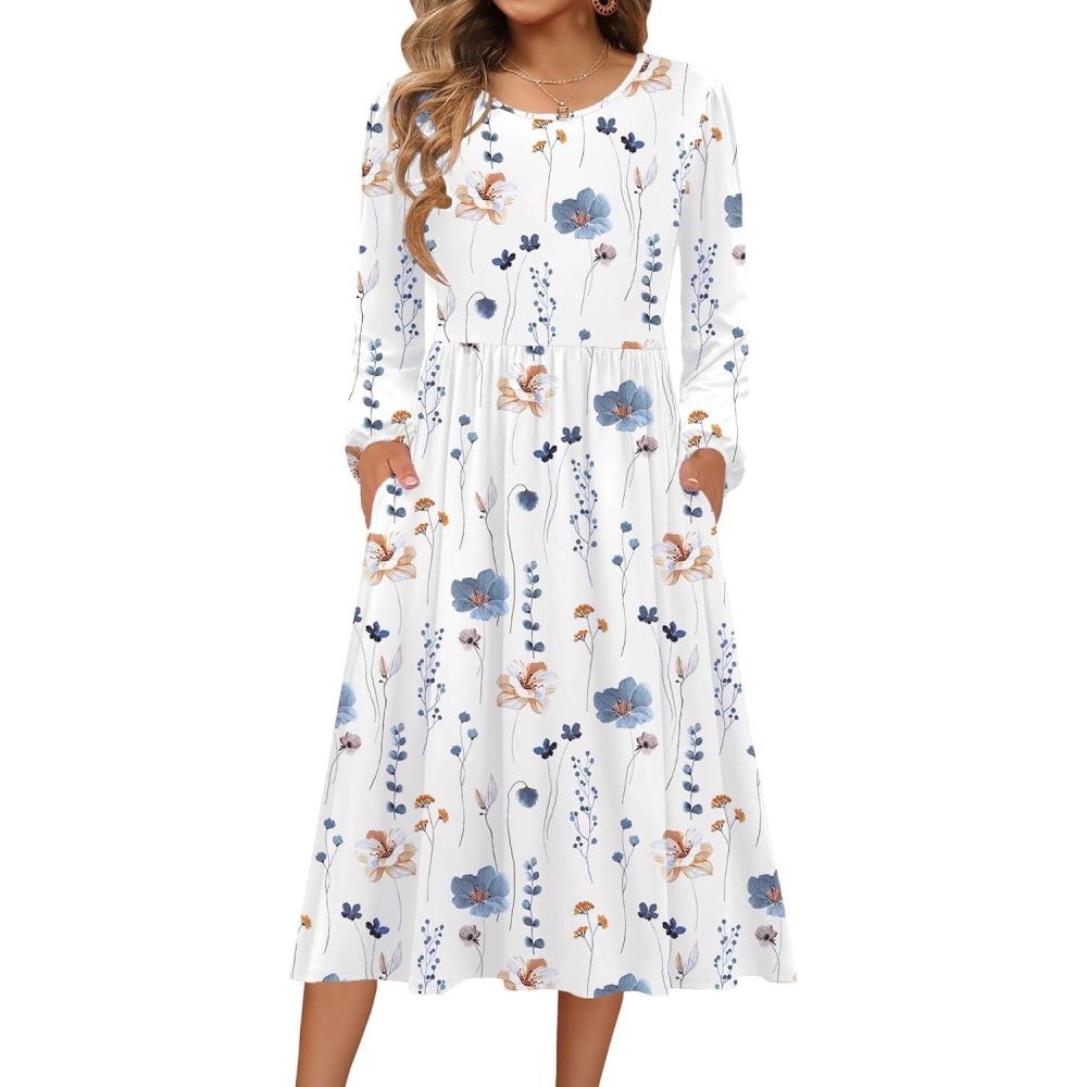 imageZeagoo Long Sleeve Dresses for Women 2026 Fall Winter Casual Flowy ALine Boho Midi Party Long Dress with PocketsWhite Floral
