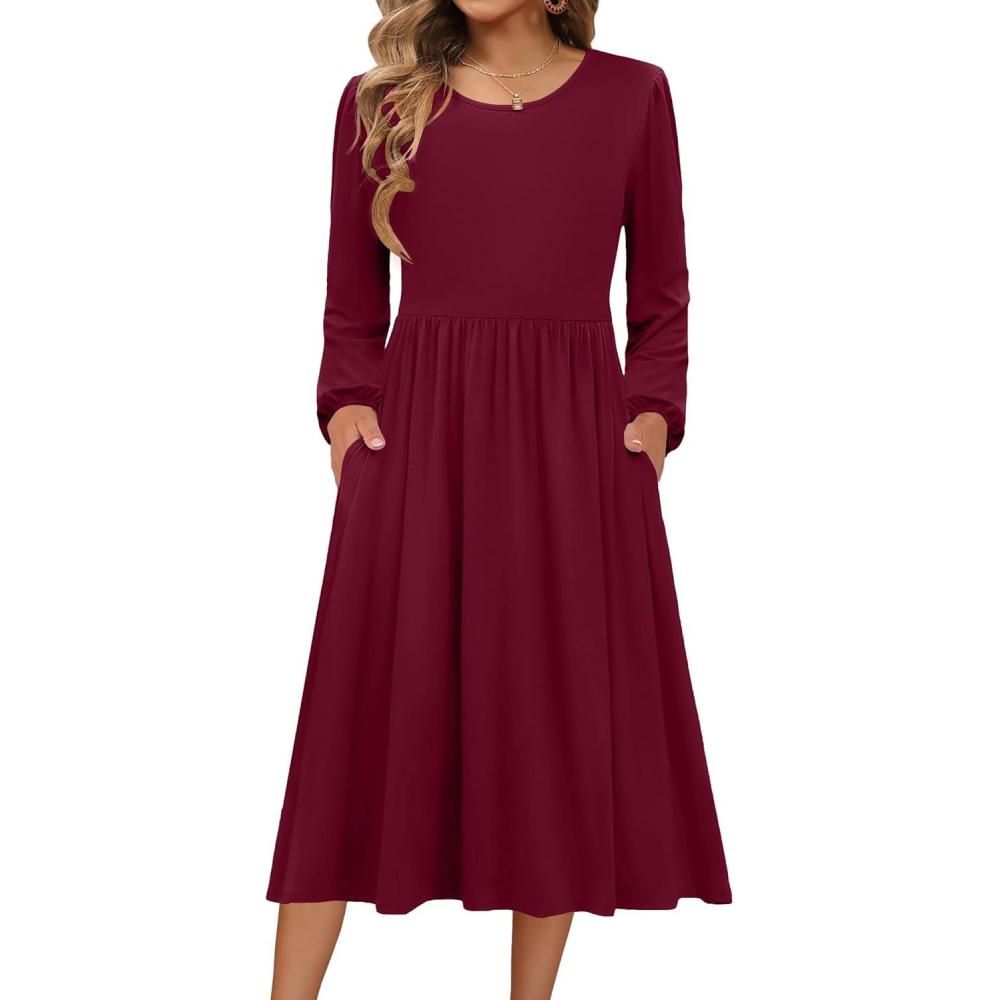imageZeagoo Long Sleeve Dresses for Women 2026 Fall Winter Casual Flowy ALine Boho Midi Party Long Dress with PocketsWine Red