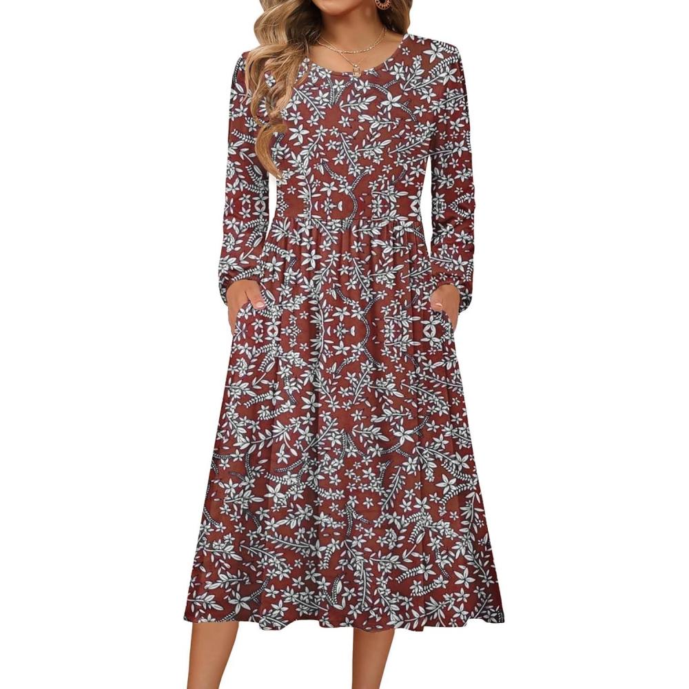 imageZeagoo Long Sleeve Dresses for Women 2026 Fall Winter Casual Flowy ALine Boho Midi Party Long Dress with PocketsWine Red Pattern