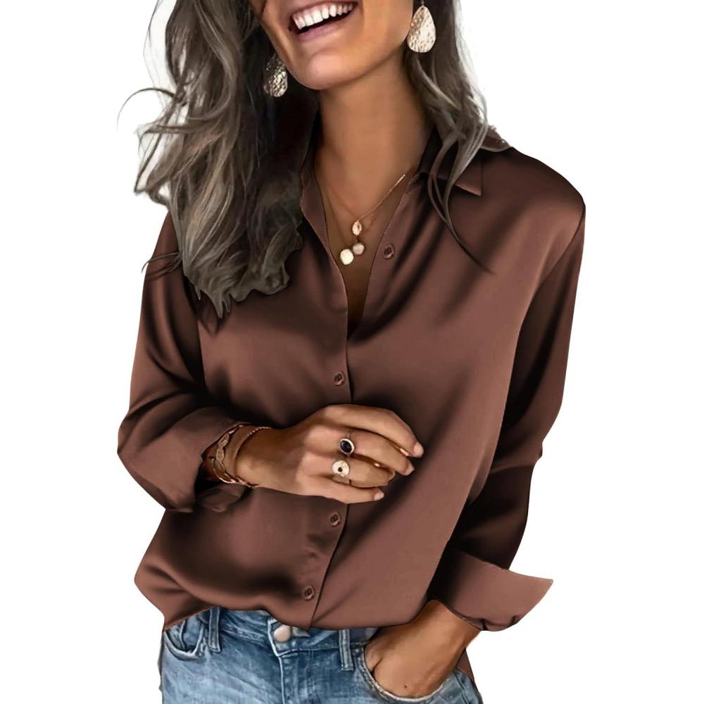 imageZeagoo Satin Blouses for Women Silk Button Down Shirts Long Sleeve Business Casual TopsBrown