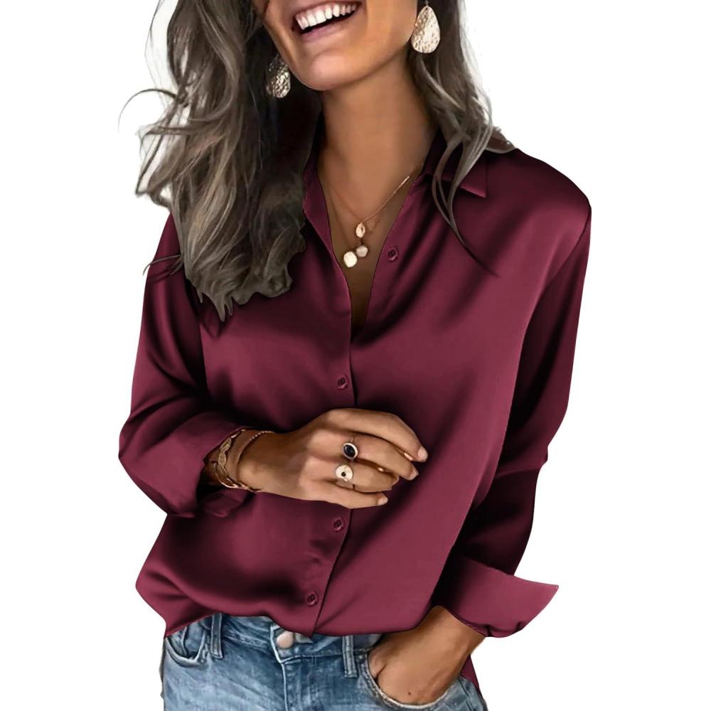 imageZeagoo Satin Blouses for Women Silk Button Down Shirts Long Sleeve Business Casual TopsWine Red