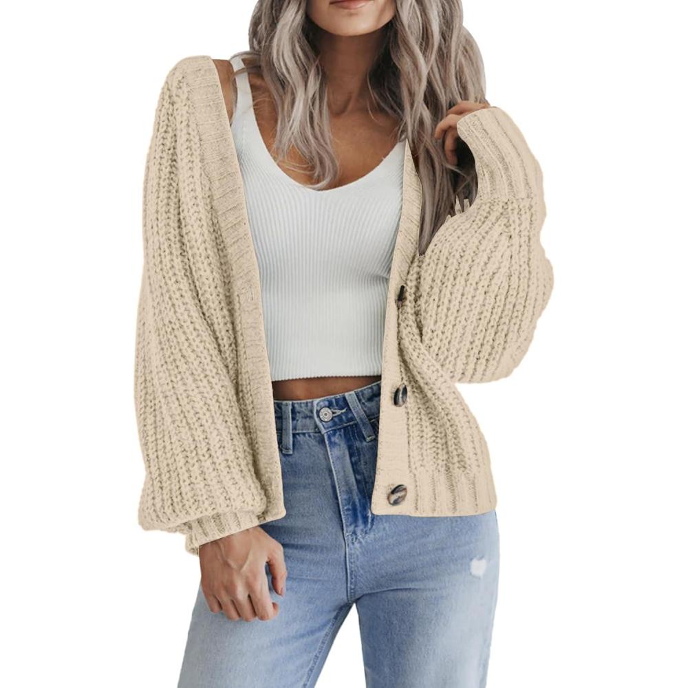 imageZeagoo Womens 2026 Fall Chunky Knit Cardigans Open Front Long Sleeve V Neck Button Loose Cardigan SweatersApricot