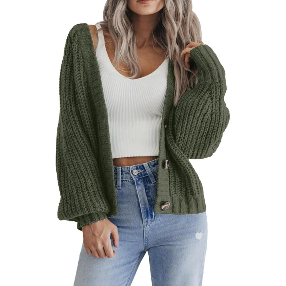 imageZeagoo Womens 2026 Fall Chunky Knit Cardigans Open Front Long Sleeve V Neck Button Loose Cardigan SweatersArmy Green