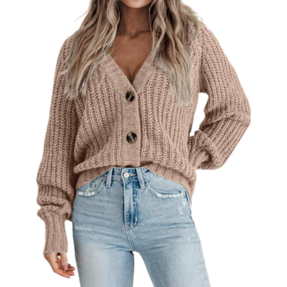 imageZeagoo Womens 2026 Fall Chunky Knit Cardigans Open Front Long Sleeve V Neck Button Loose Cardigan SweatersBkhaki