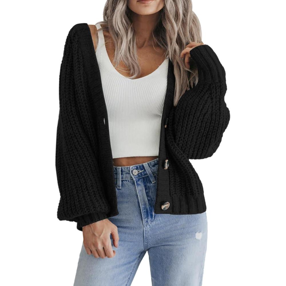 imageZeagoo Womens 2026 Fall Chunky Knit Cardigans Open Front Long Sleeve V Neck Button Loose Cardigan SweatersBlack