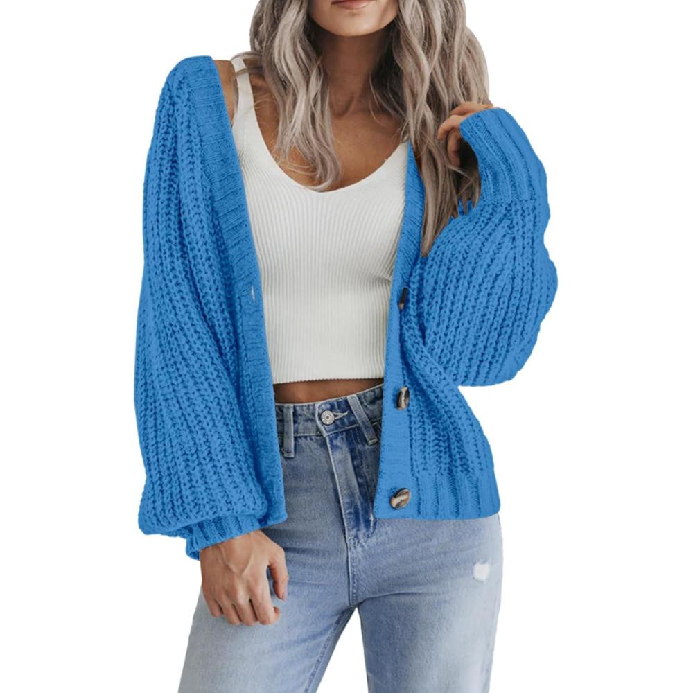 imageZeagoo Womens 2026 Fall Chunky Knit Cardigans Open Front Long Sleeve V Neck Button Loose Cardigan SweatersBright Blue