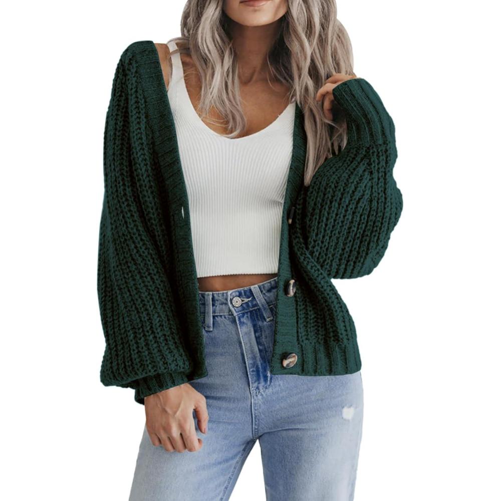 imageZeagoo Womens 2026 Fall Chunky Knit Cardigans Open Front Long Sleeve V Neck Button Loose Cardigan SweatersDark Green