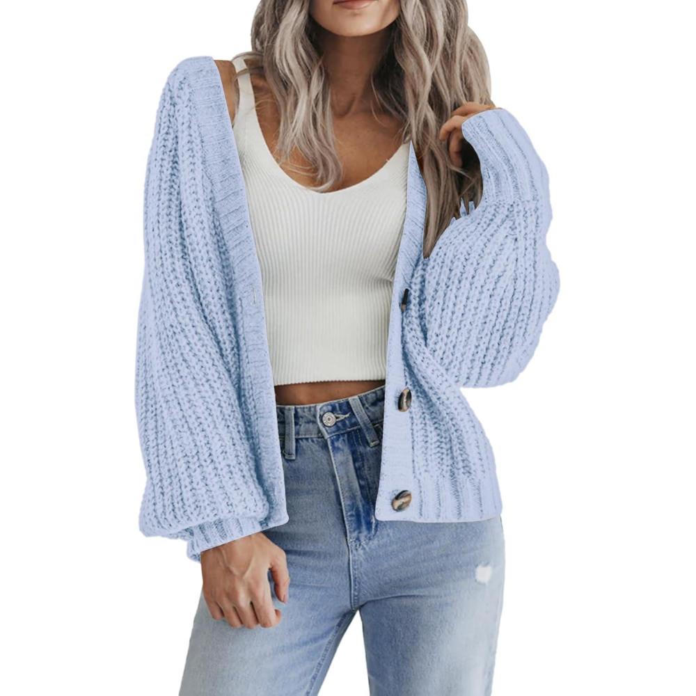 imageZeagoo Womens 2026 Fall Chunky Knit Cardigans Open Front Long Sleeve V Neck Button Loose Cardigan SweatersLight Blue