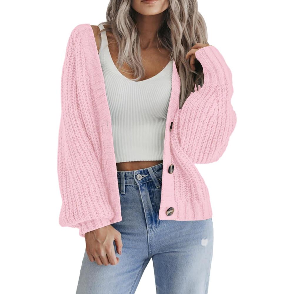 imageZeagoo Womens 2026 Fall Chunky Knit Cardigans Open Front Long Sleeve V Neck Button Loose Cardigan SweatersPink