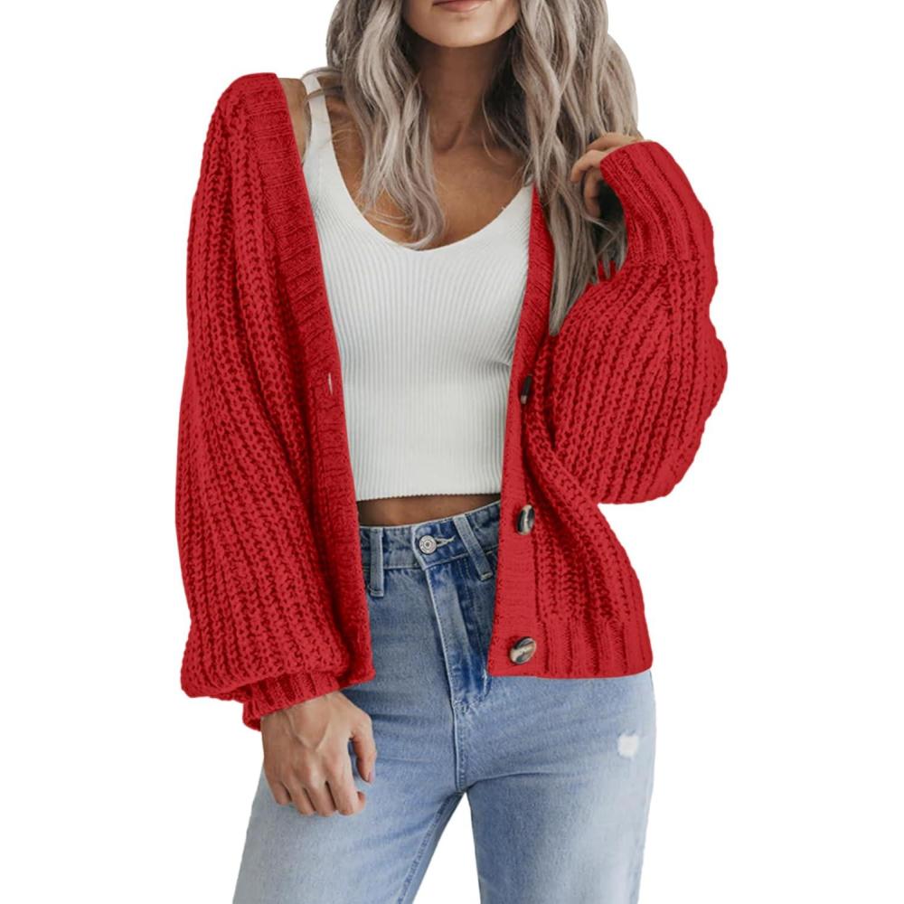 imageZeagoo Womens 2026 Fall Chunky Knit Cardigans Open Front Long Sleeve V Neck Button Loose Cardigan SweatersRed